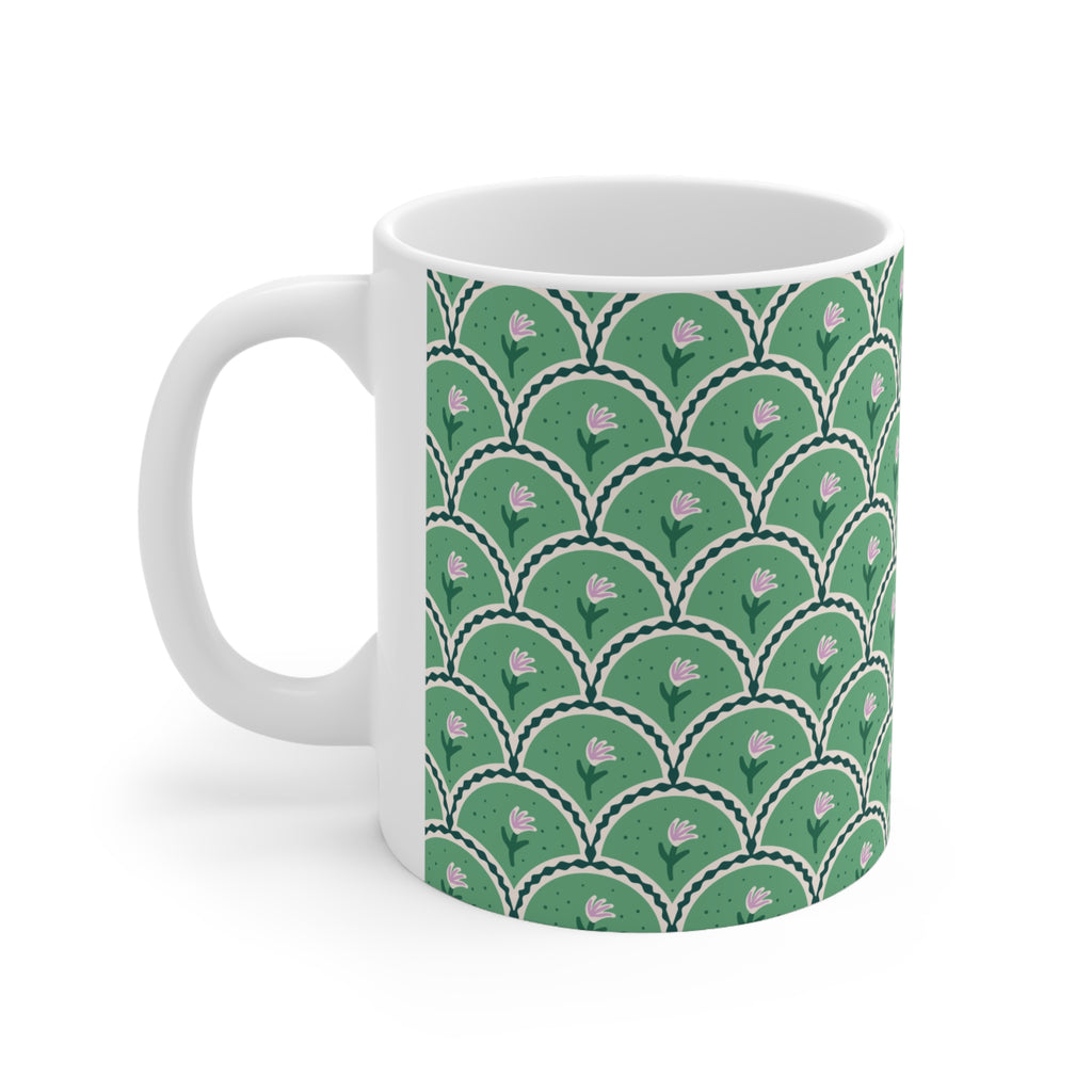 Floral Scallop Pattern Ceramic Mug — Green Lotus 11oz/15oz