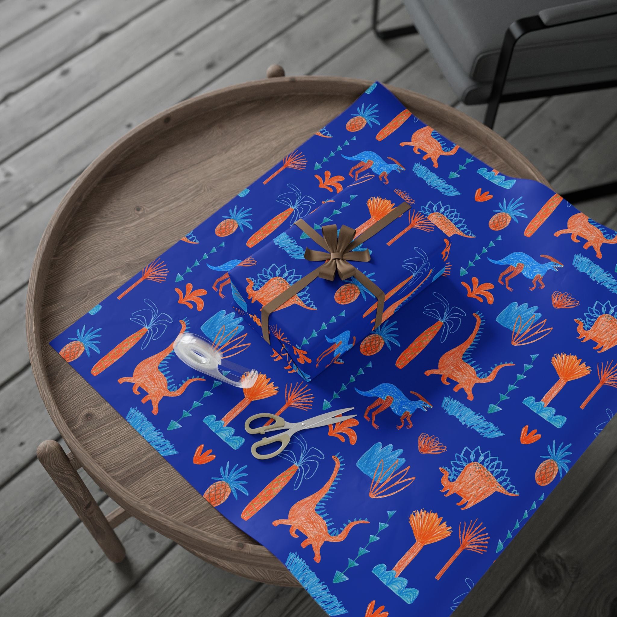 Dino Jungle Wrapping Paper — Blue & Orange Dinosaur Gift Wrap