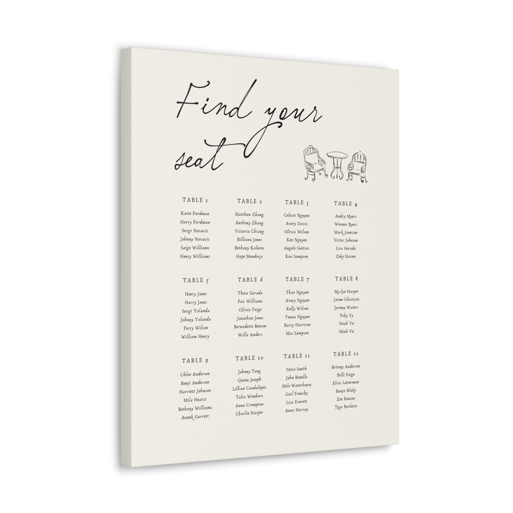 Personalized Wedding Seating Chart Canvas | Custom Guest Table Plan | Framed New Zealand Pine | Elegant Minimalist Reception Decor