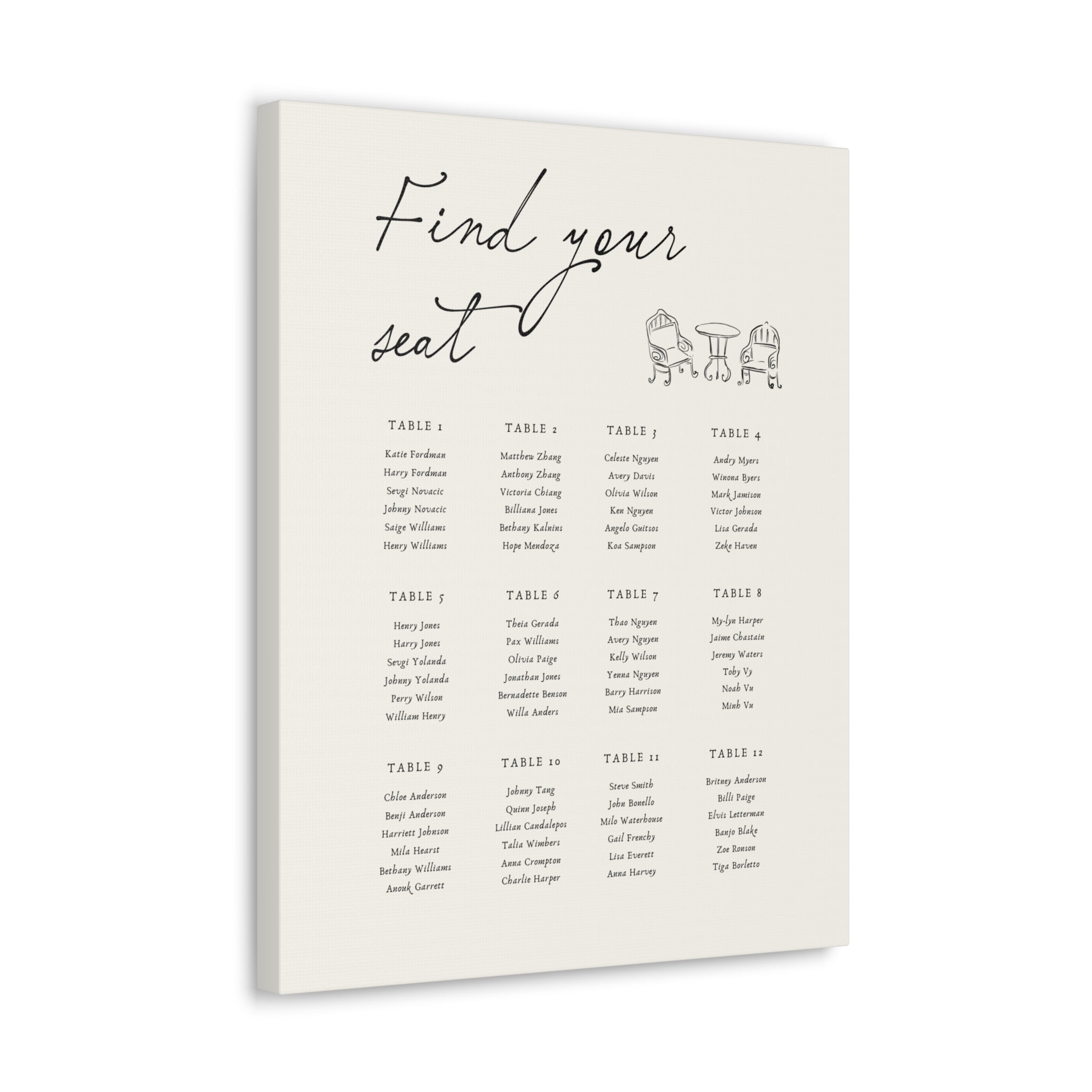 Personalized Wedding Seating Chart Canvas | Custom Guest Table Plan | Framed New Zealand Pine | Elegant Minimalist Reception Decor