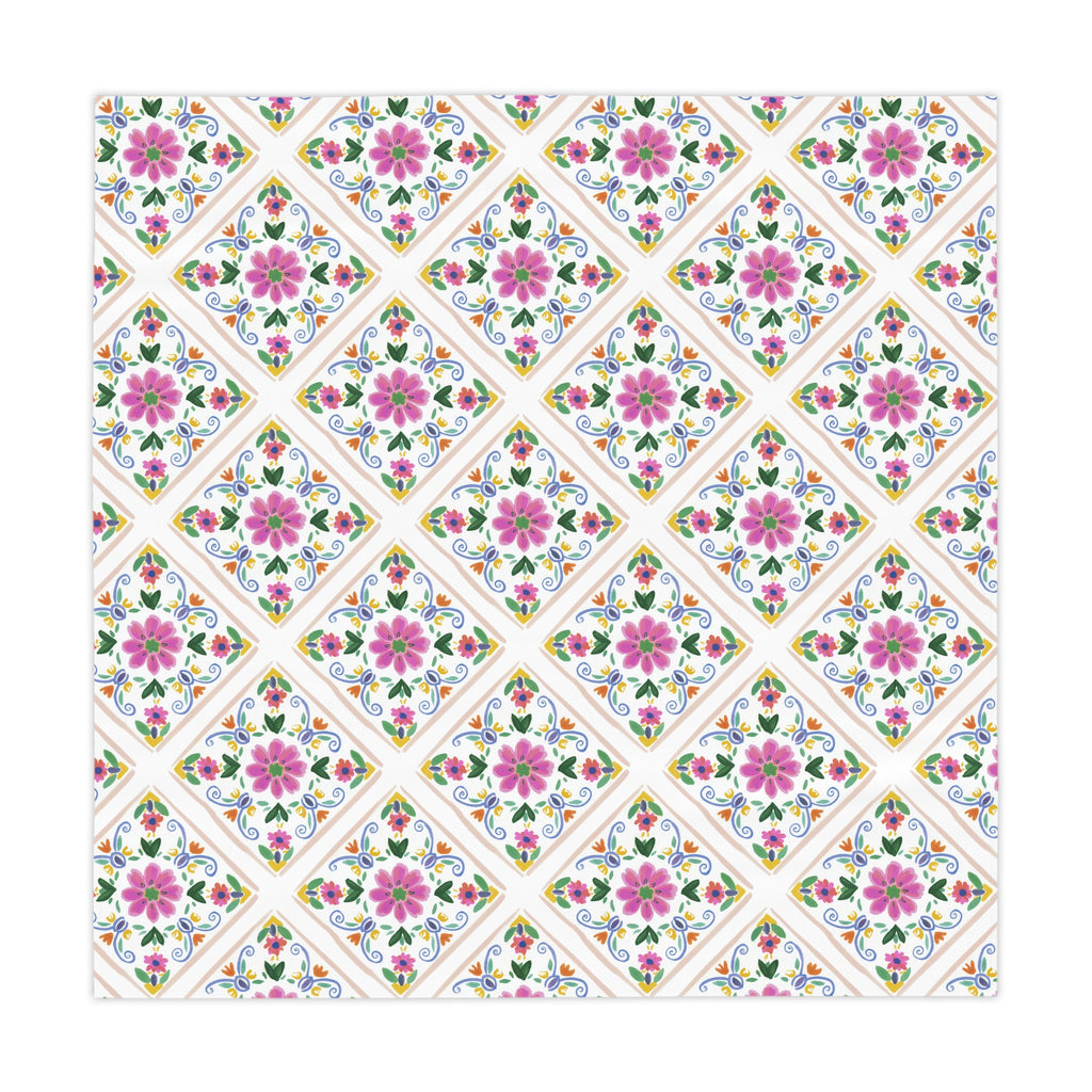 Floral Tile Tablecloth — Pink Mediterranean Mosaic Table Cover