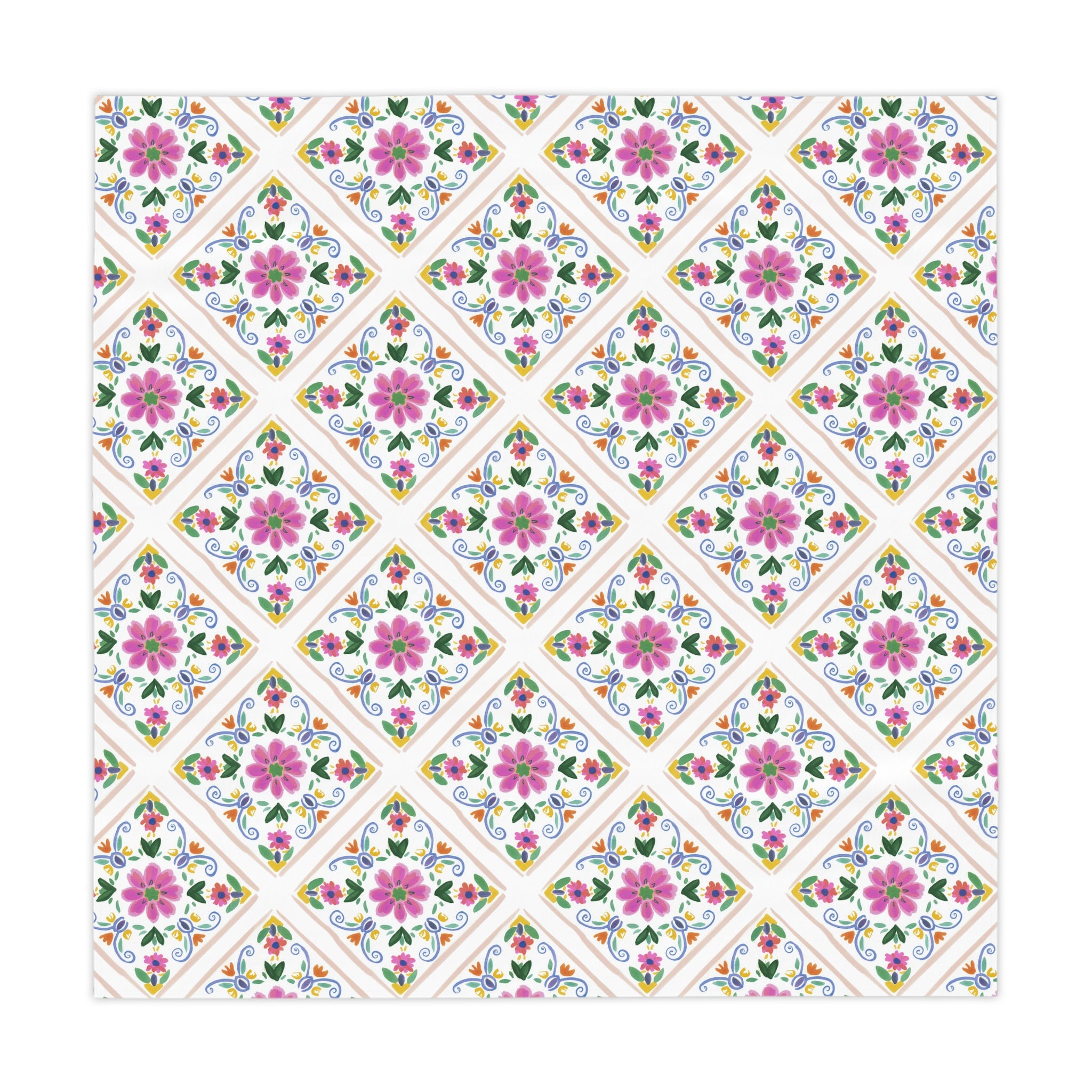 Floral Tile Tablecloth — Pink Mediterranean Mosaic Table Cover