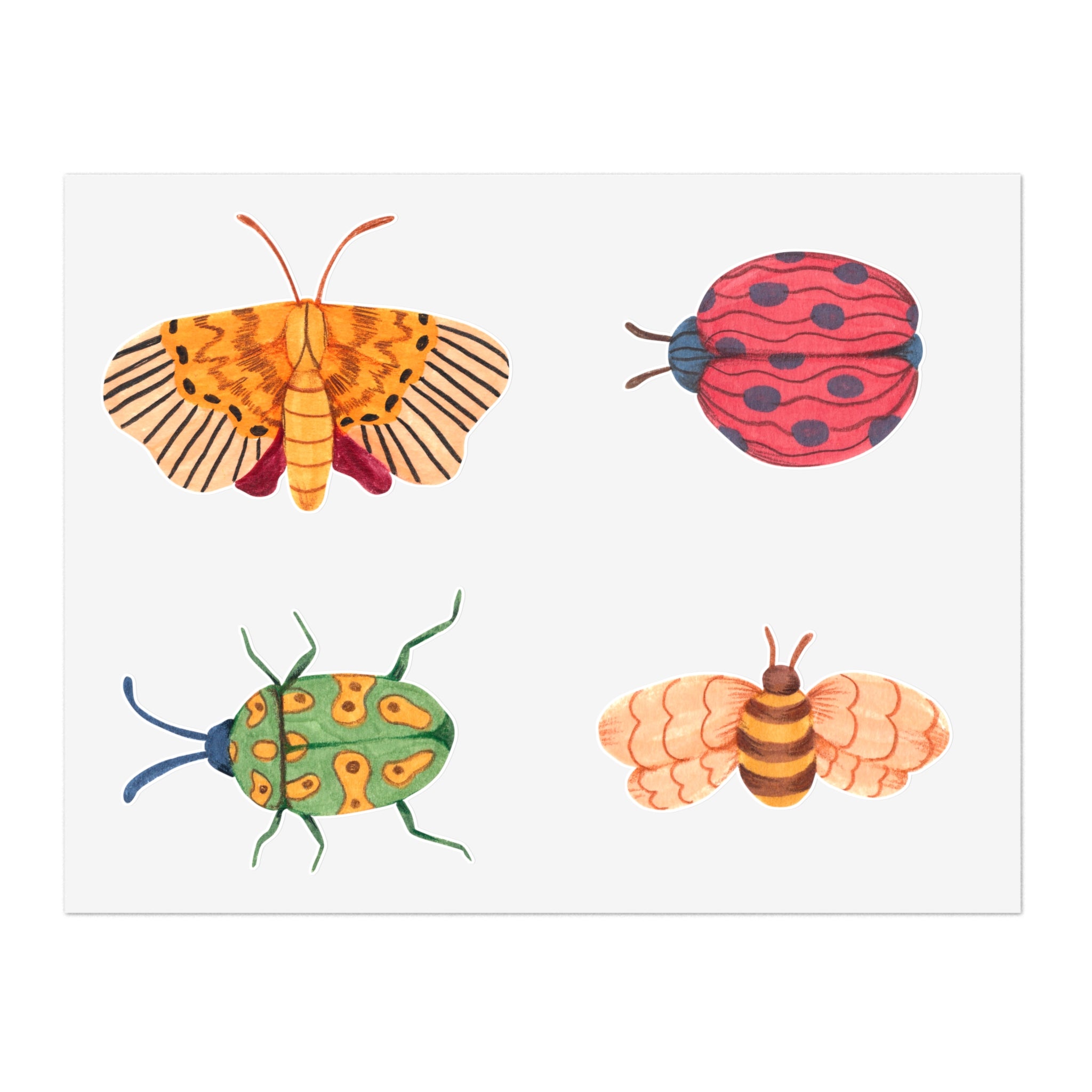 Whimsical Insect Sticker Sheet — Colorful Beetle, Ladybug, Moth & Bee Decals