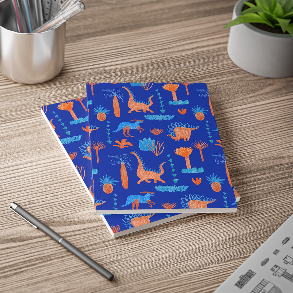Dino Doodle A5 Notebook — Blue & Orange Dinosaur Softcover Journal