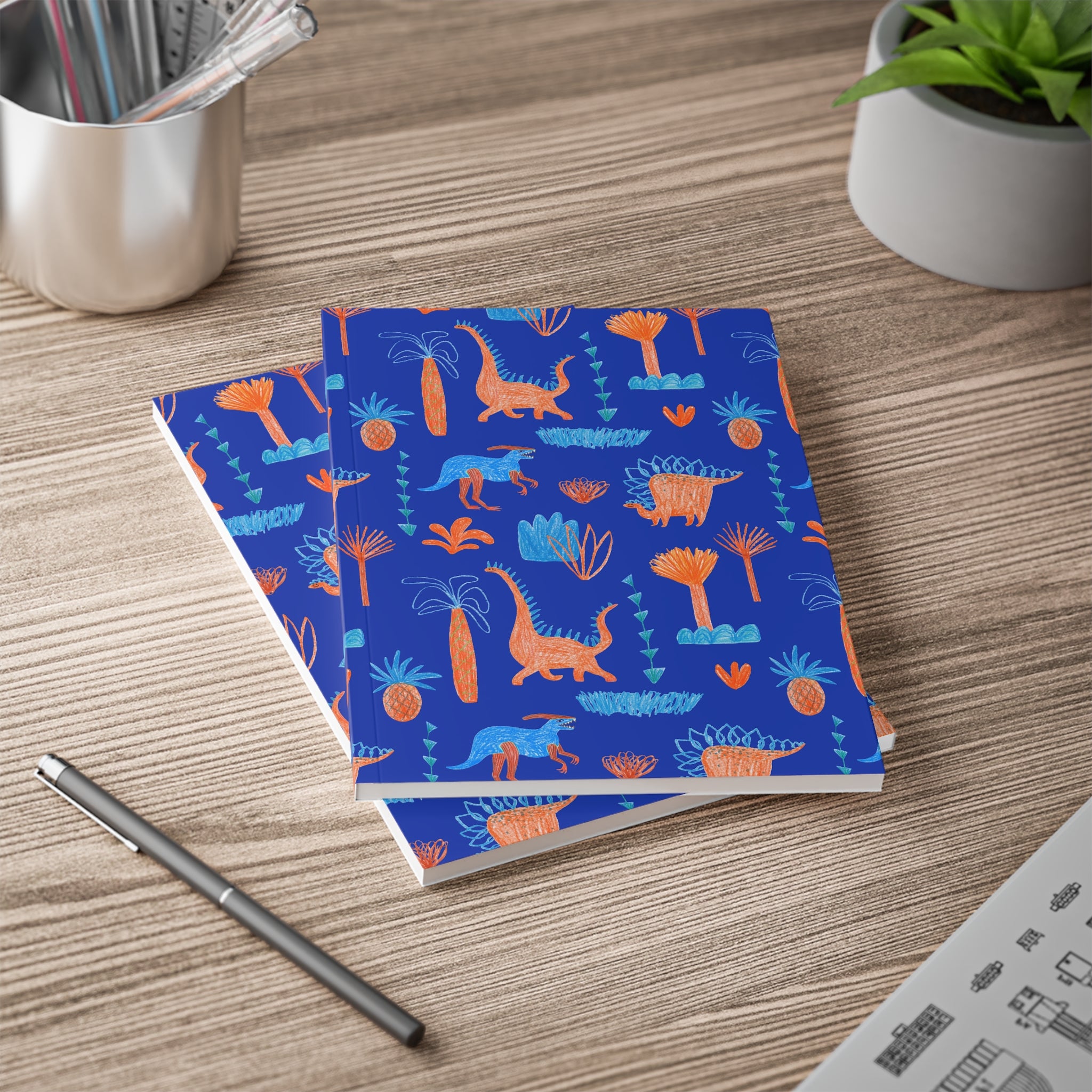 Dino Doodle A5 Notebook — Blue & Orange Dinosaur Softcover Journal
