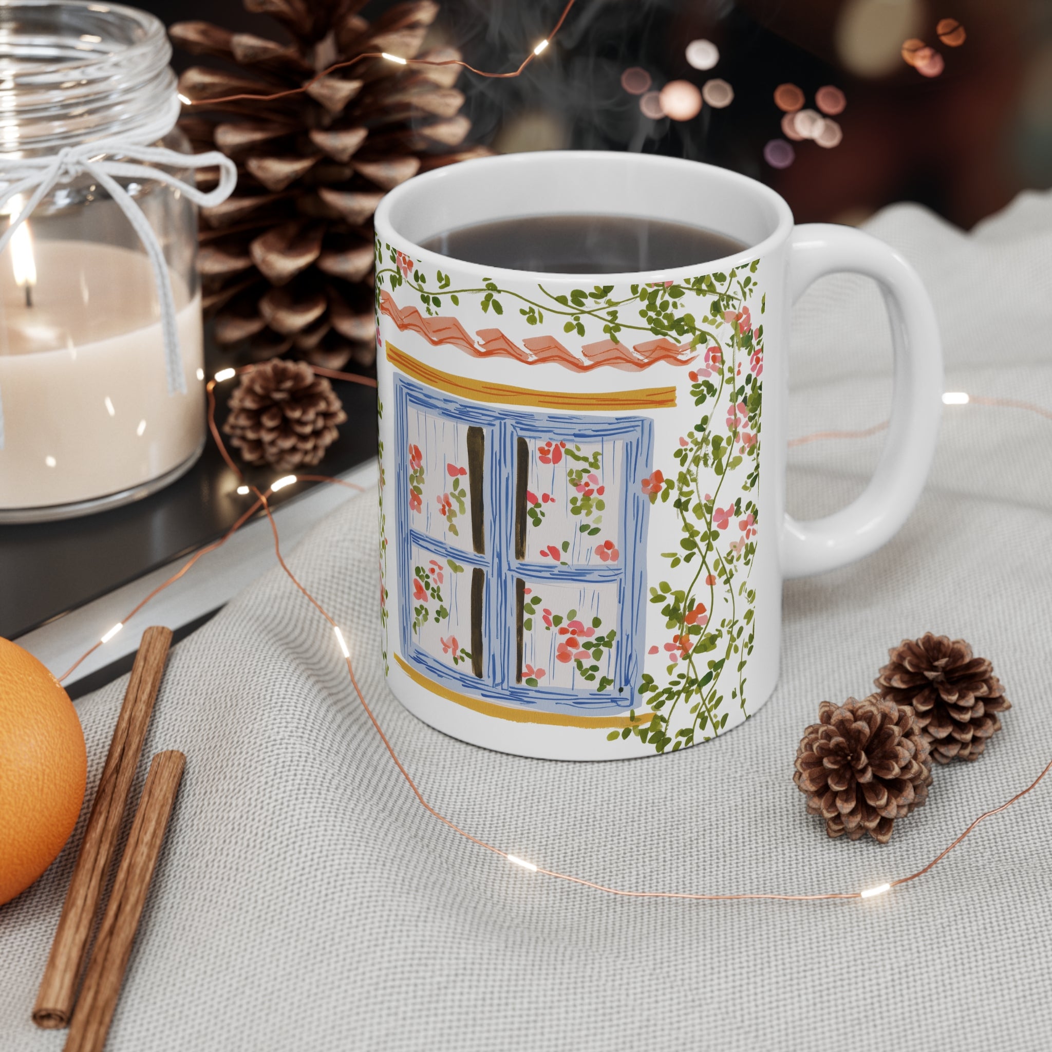 Floral Cottage Window Ceramic Mug — 11oz & 15oz