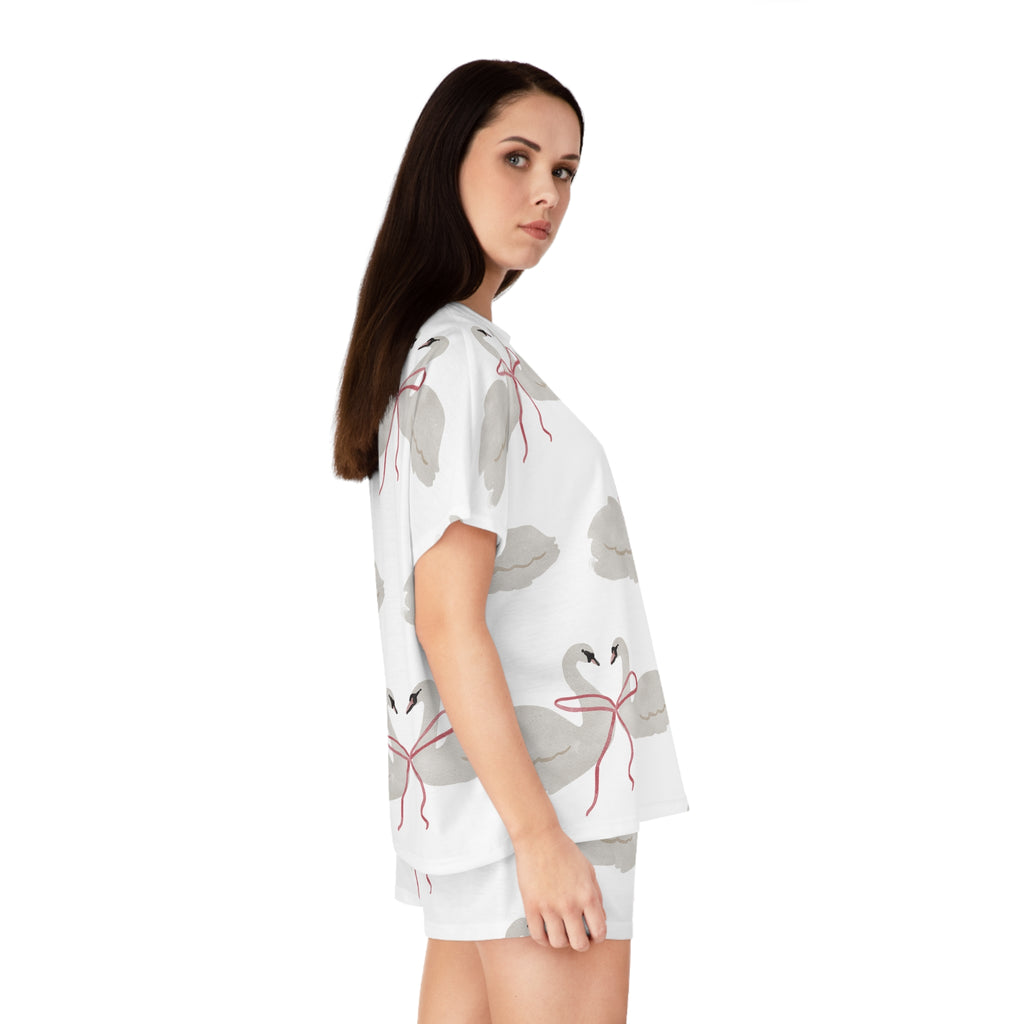 Women's Pajama Set, Swan Ribbon Sleepwear, Cute White Swan Short Set