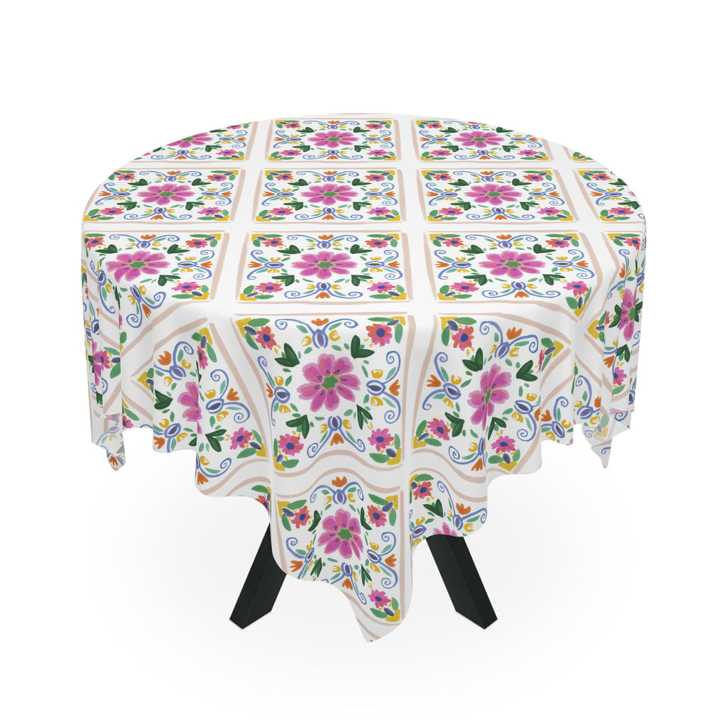 Floral Tile Tablecloth — Pink Mediterranean Mosaic Table Cover