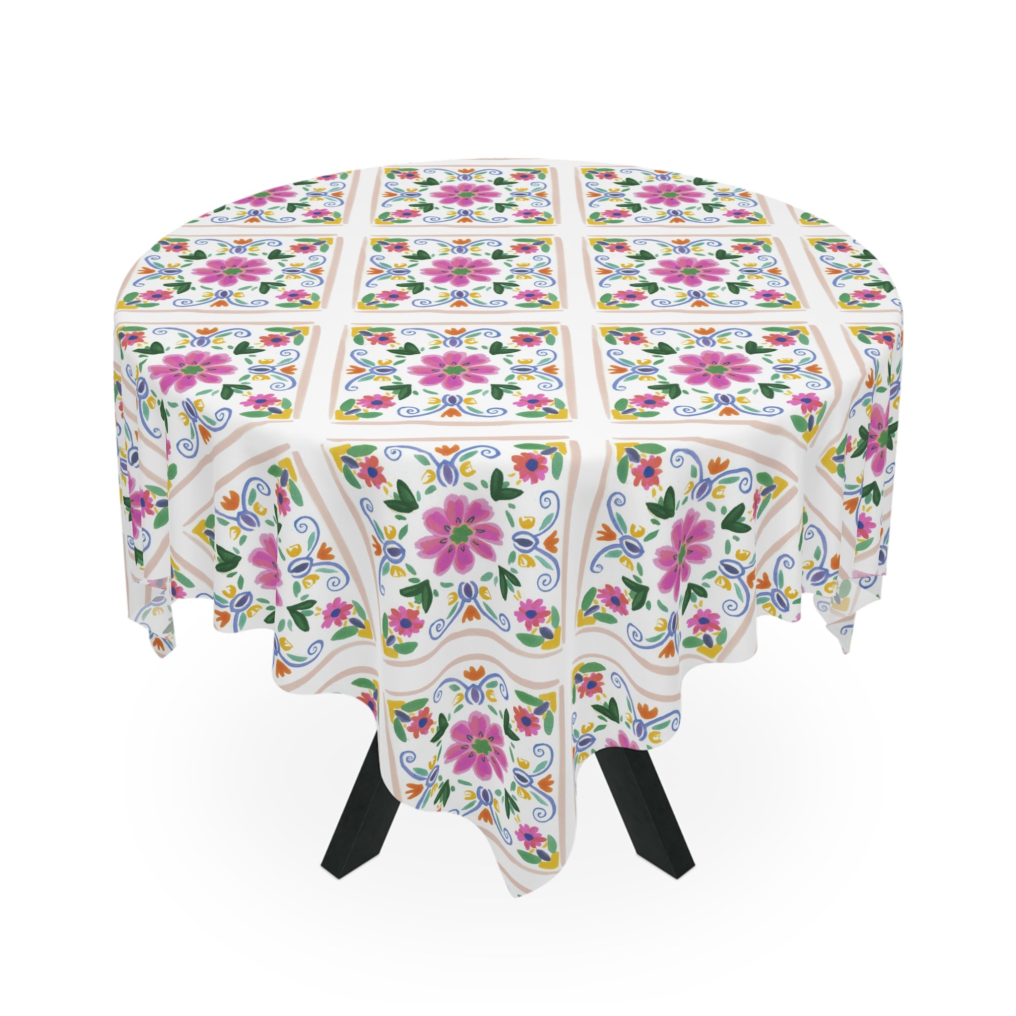 Floral Tile Tablecloth — Pink Mediterranean Mosaic Table Cover
