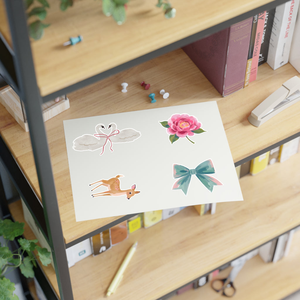 Sticker Sheets — Watercolor Deer, Peony, Swan Hearts & Pastel Bow Set