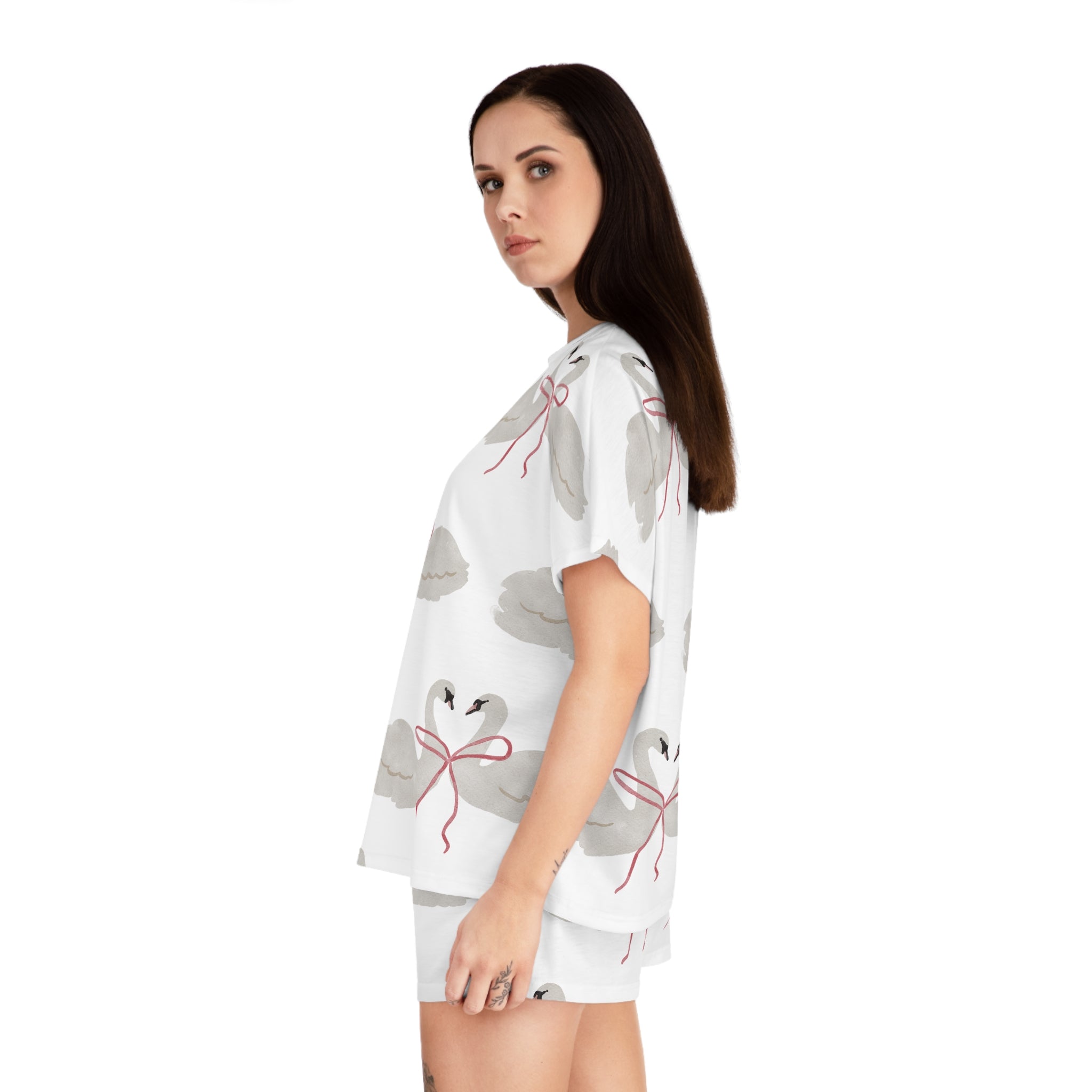 Women's Pajama Set, Swan Ribbon Sleepwear, Cute White Swan Short Set