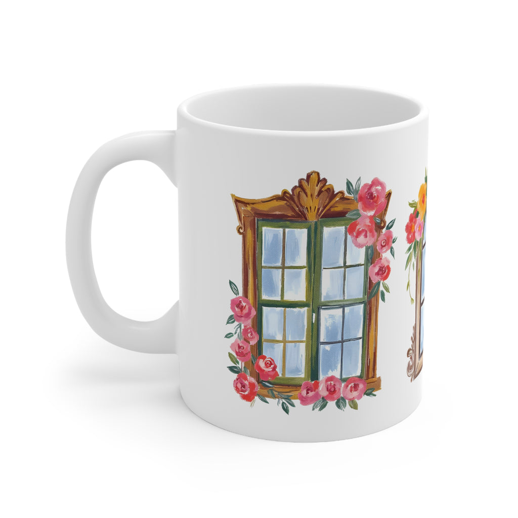 Floral Window Ceramic Mug — 11oz & 15oz Decorative Coffee Cup