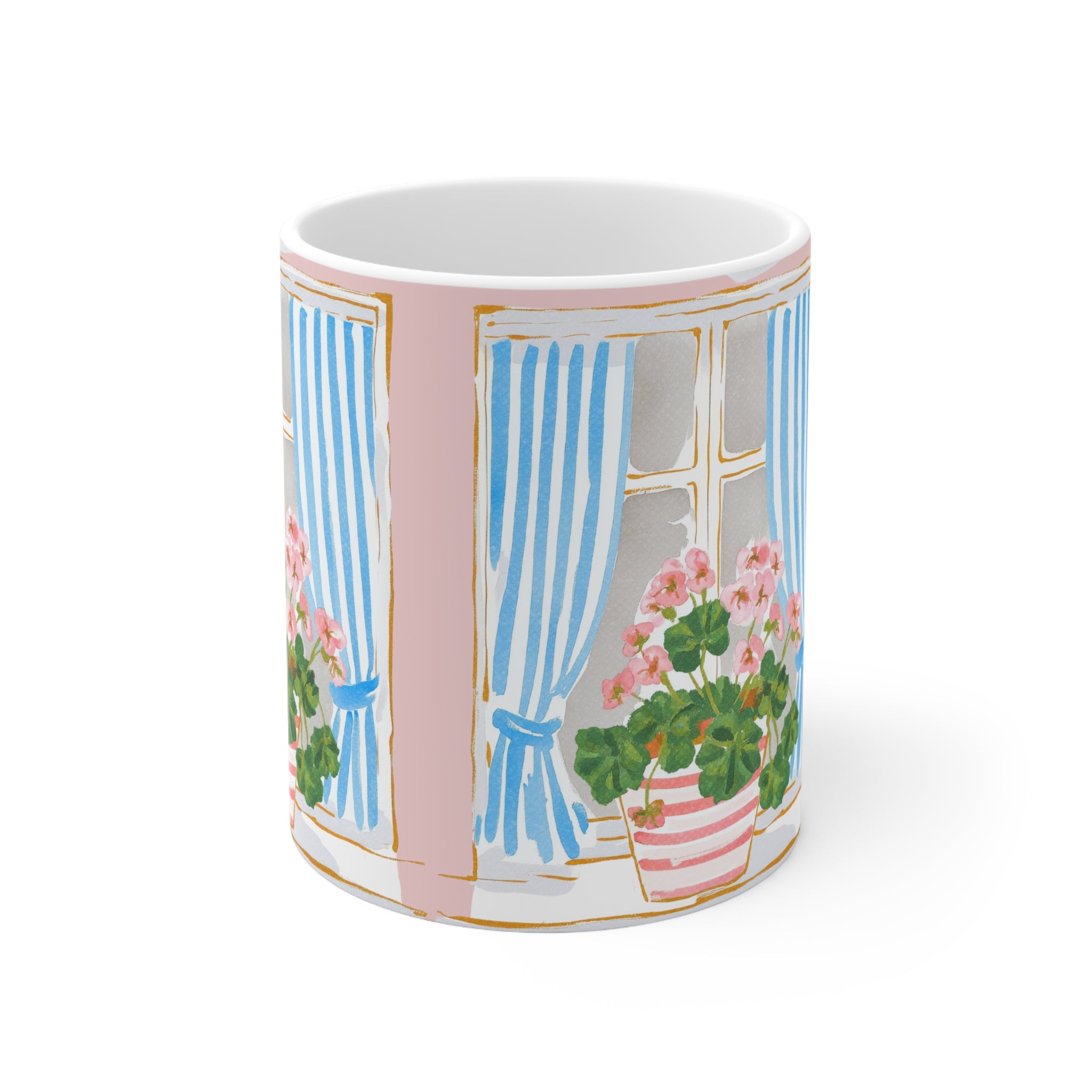 Floral Window Coffee Mug — Pink Geraniums & Blue Curtains (11oz/15oz)
