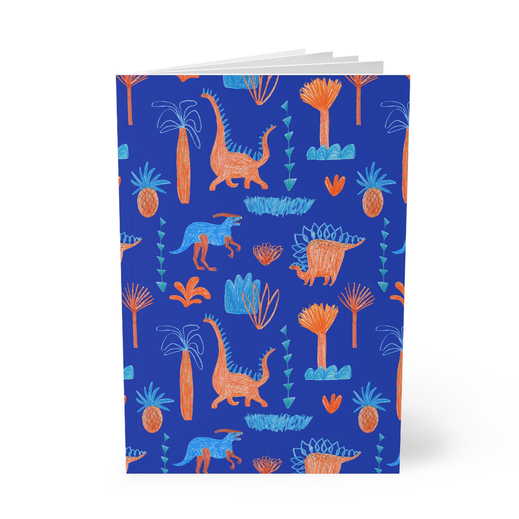 Dino Doodle A5 Notebook — Blue & Orange Dinosaur Softcover Journal