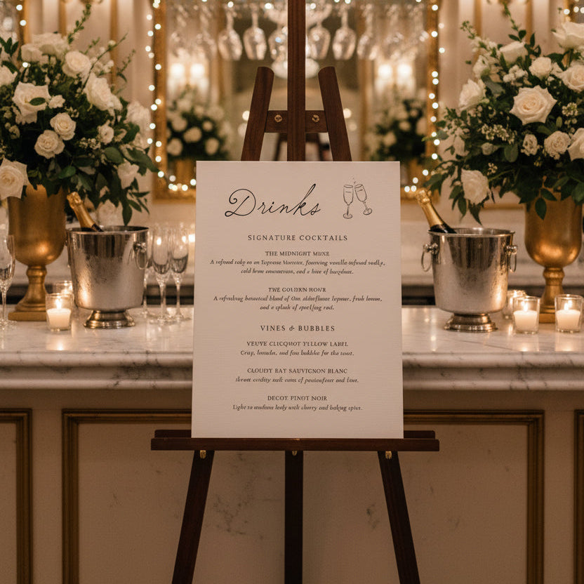 Drinks menu with signature cocktails and wine options on a white background