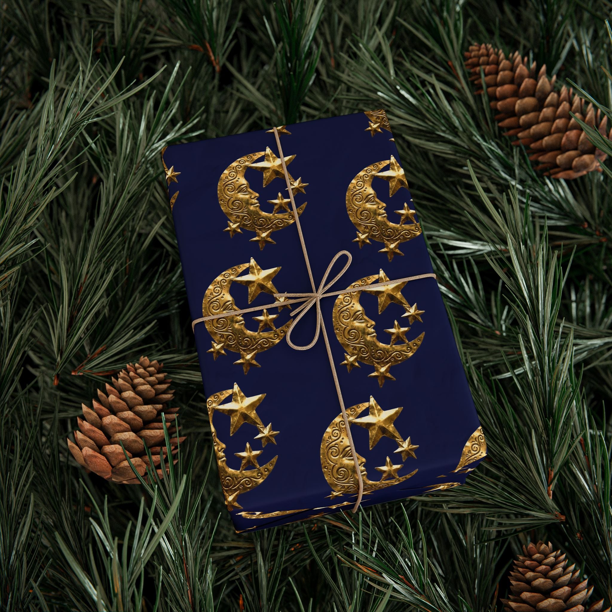 Celestial Gold Moon Wrapping Paper Roll — Navy Gift Wrap with Ornate Stars
