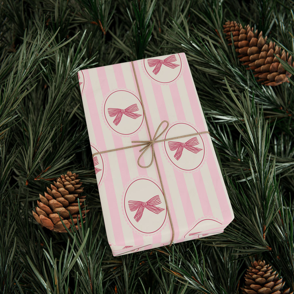 Pink Bow Wrapping Paper | Cute Stripe Gift Wrap