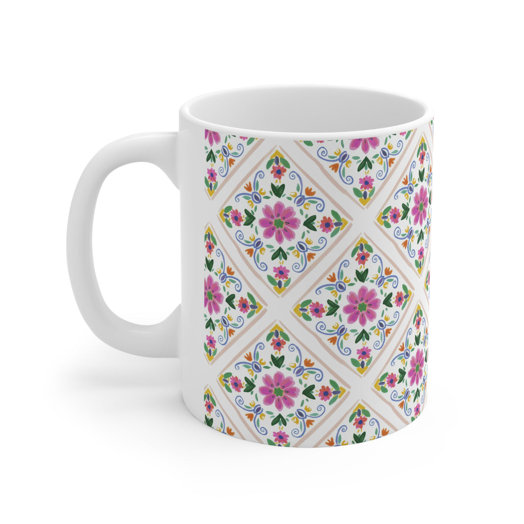 Floral Tile Pattern Mug — Ceramic Coffee Cup (11oz & 15oz)