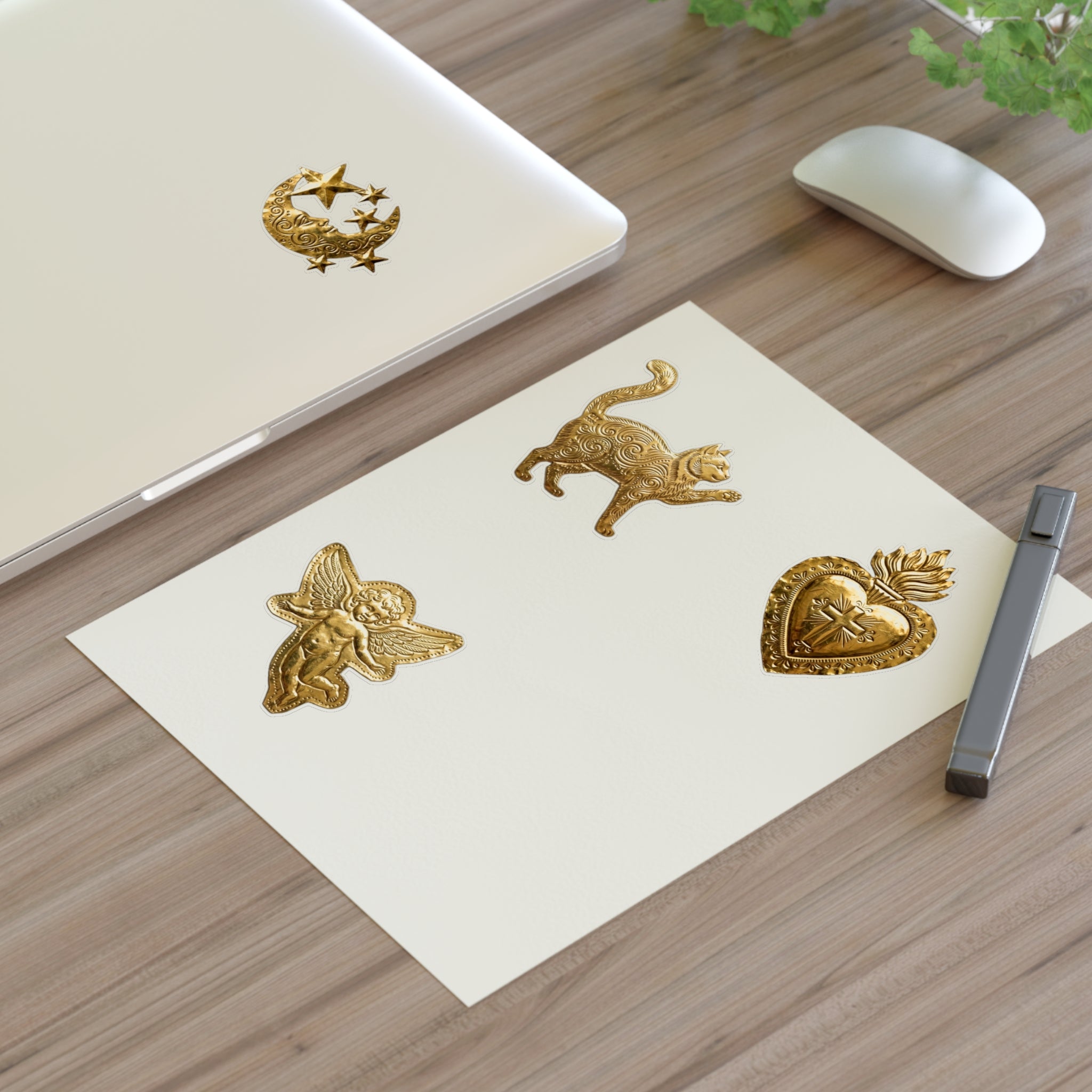 Gold Embossed Symbol Sticker Sheet — Moon, Heart, Angel & Cat Decorative Stickers