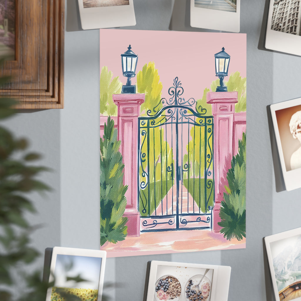 Pink Garden Gate Art Print — Pastel Gatehouse Wall Decor