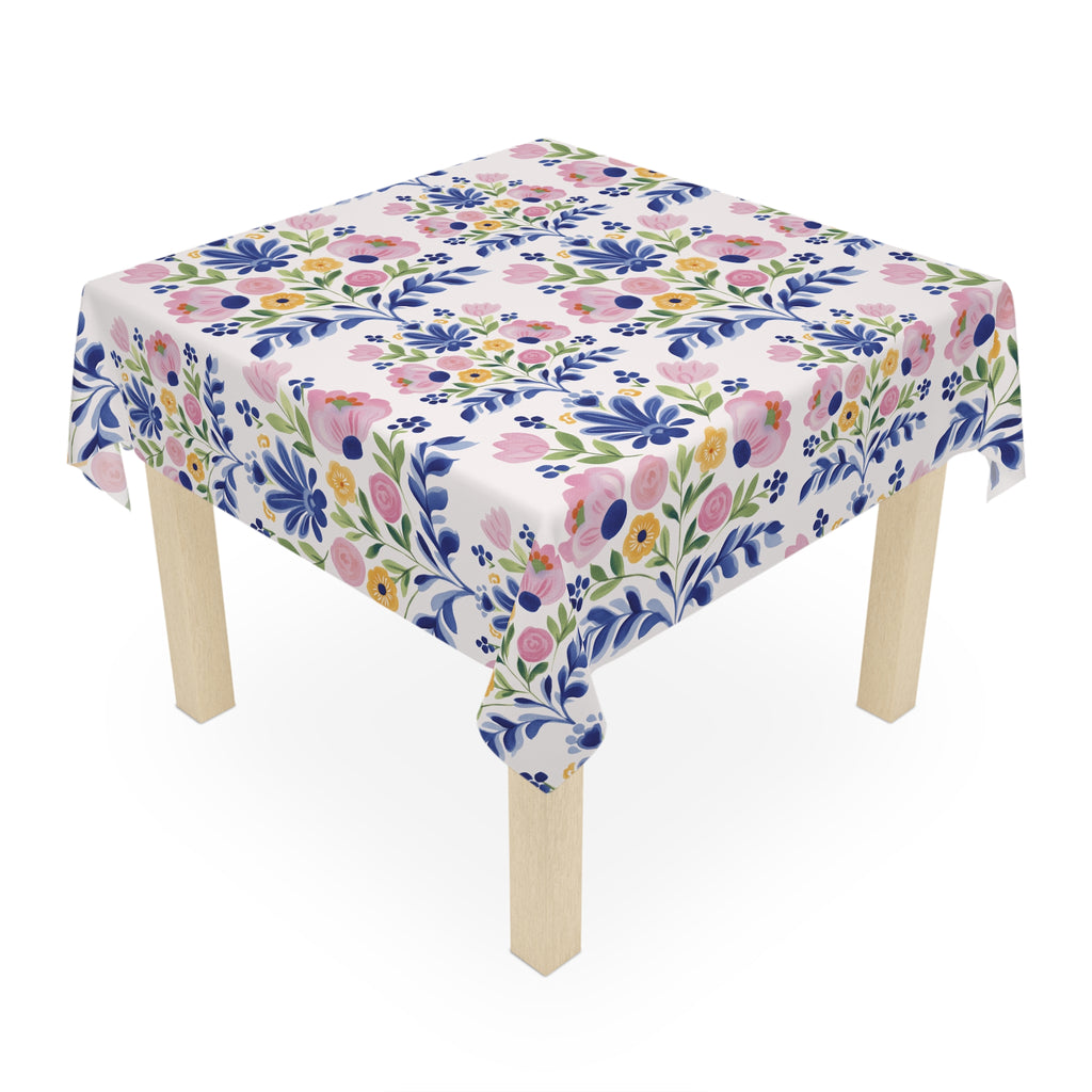 Floral Folk Art Tablecloth — Pink & Blue Garden Pattern