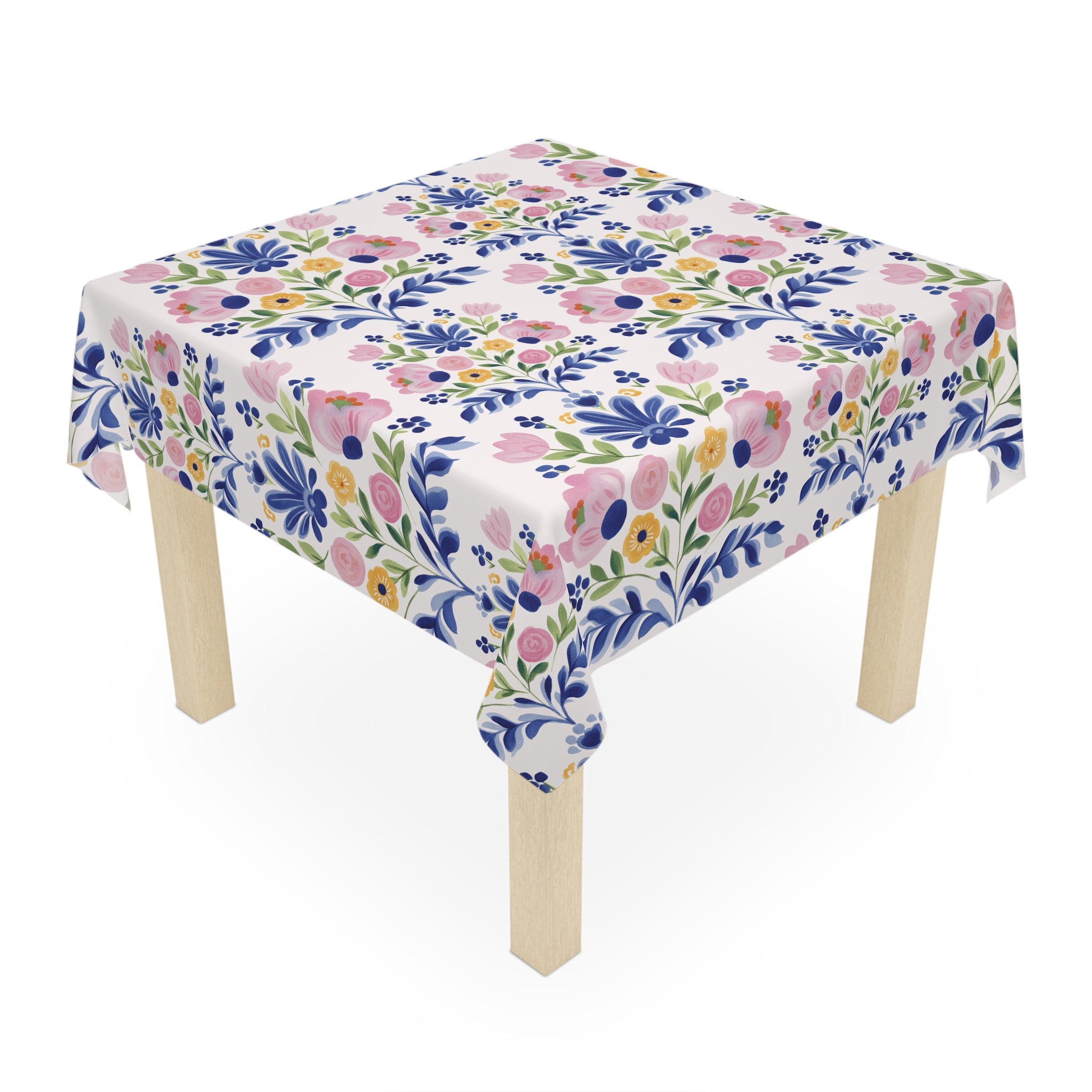 Floral Folk Art Tablecloth — Pink & Blue Garden Pattern