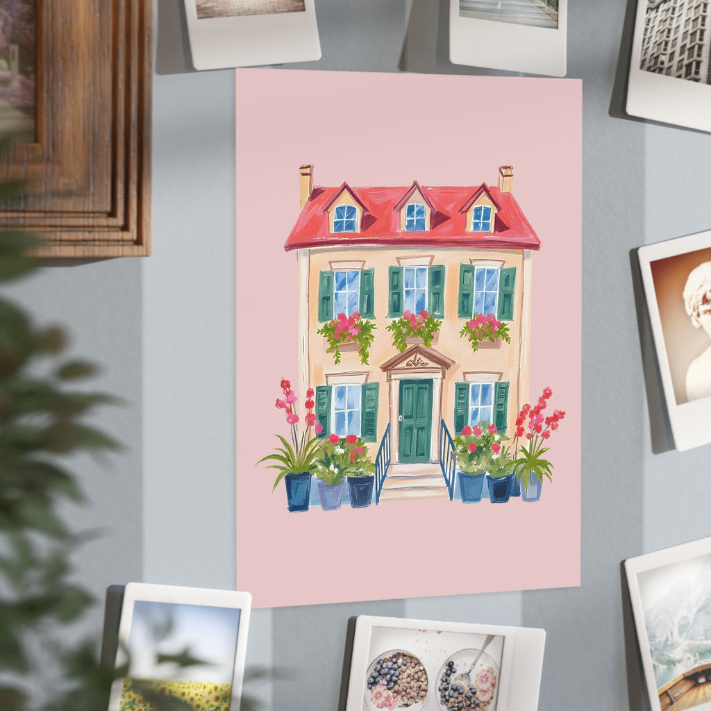 Charming Pink Cottage Print — Watercolor House Art Print