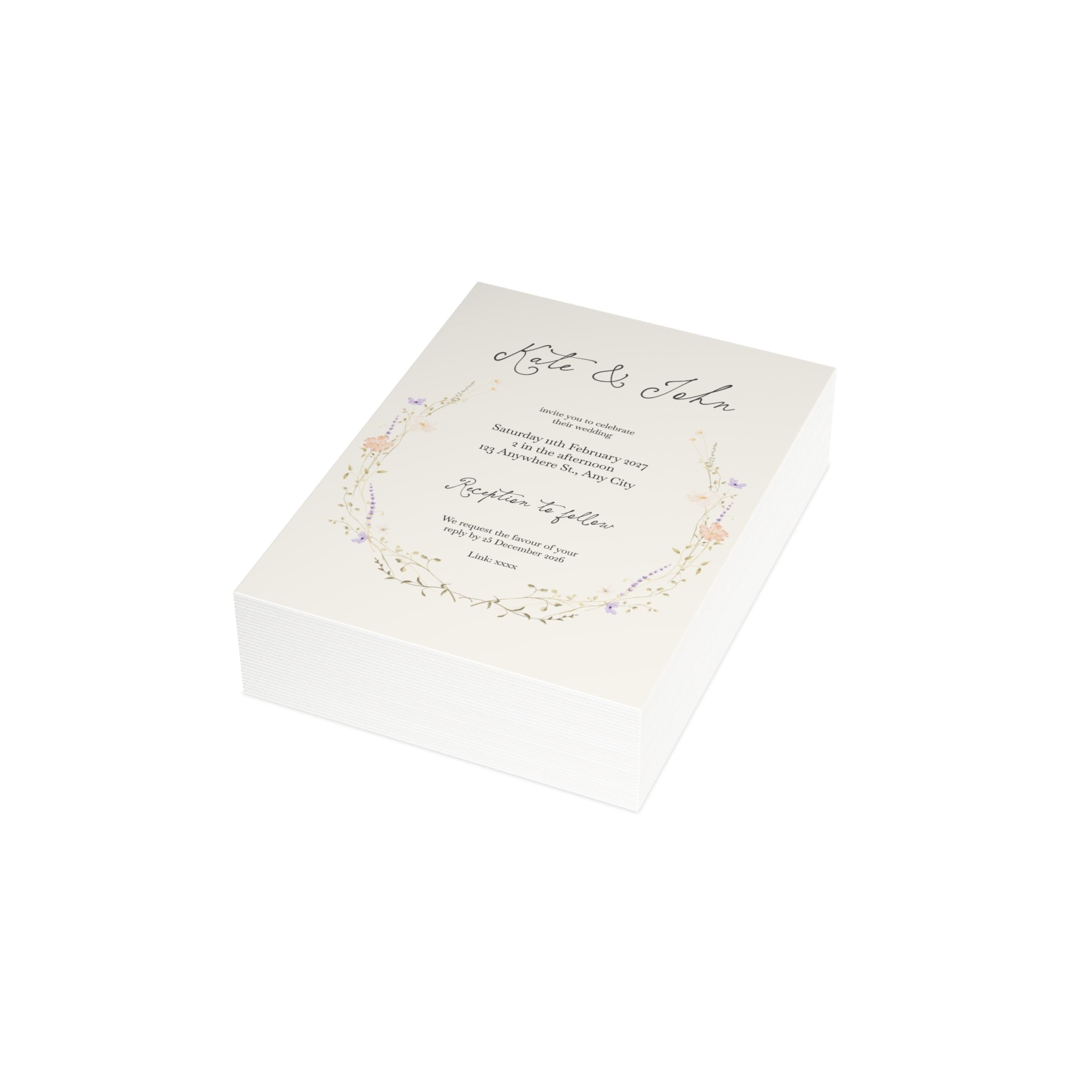 Customizable Romantic Botanical Wedding Invitation Pack (10, 30, or 50 Count) - Envelopes included