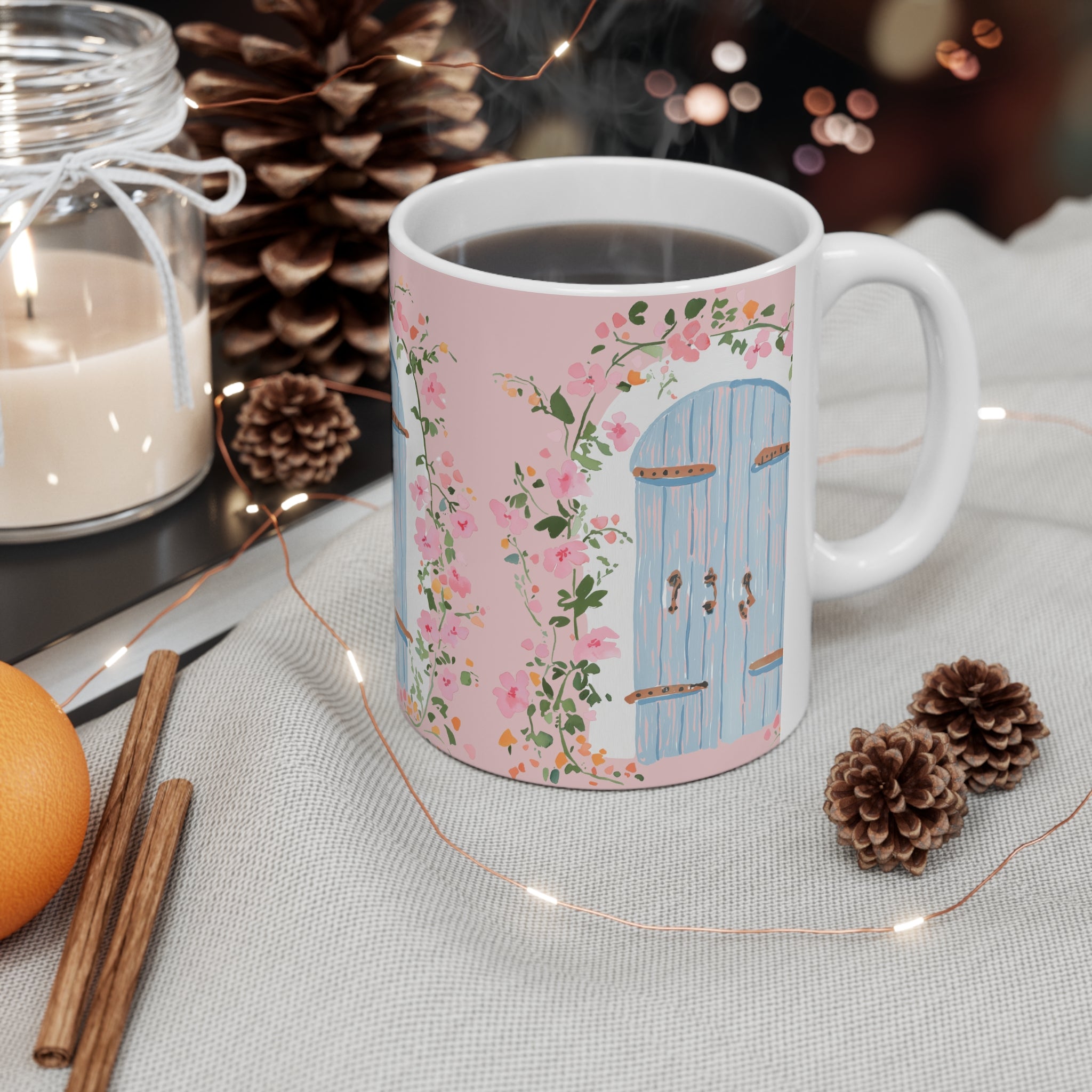 Floral Blue Door Ceramic Coffee Mug - 11oz & 15oz
