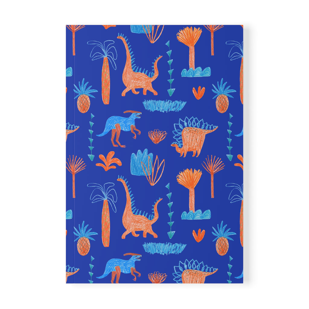 Dino Doodle A5 Notebook — Blue & Orange Dinosaur Softcover Journal