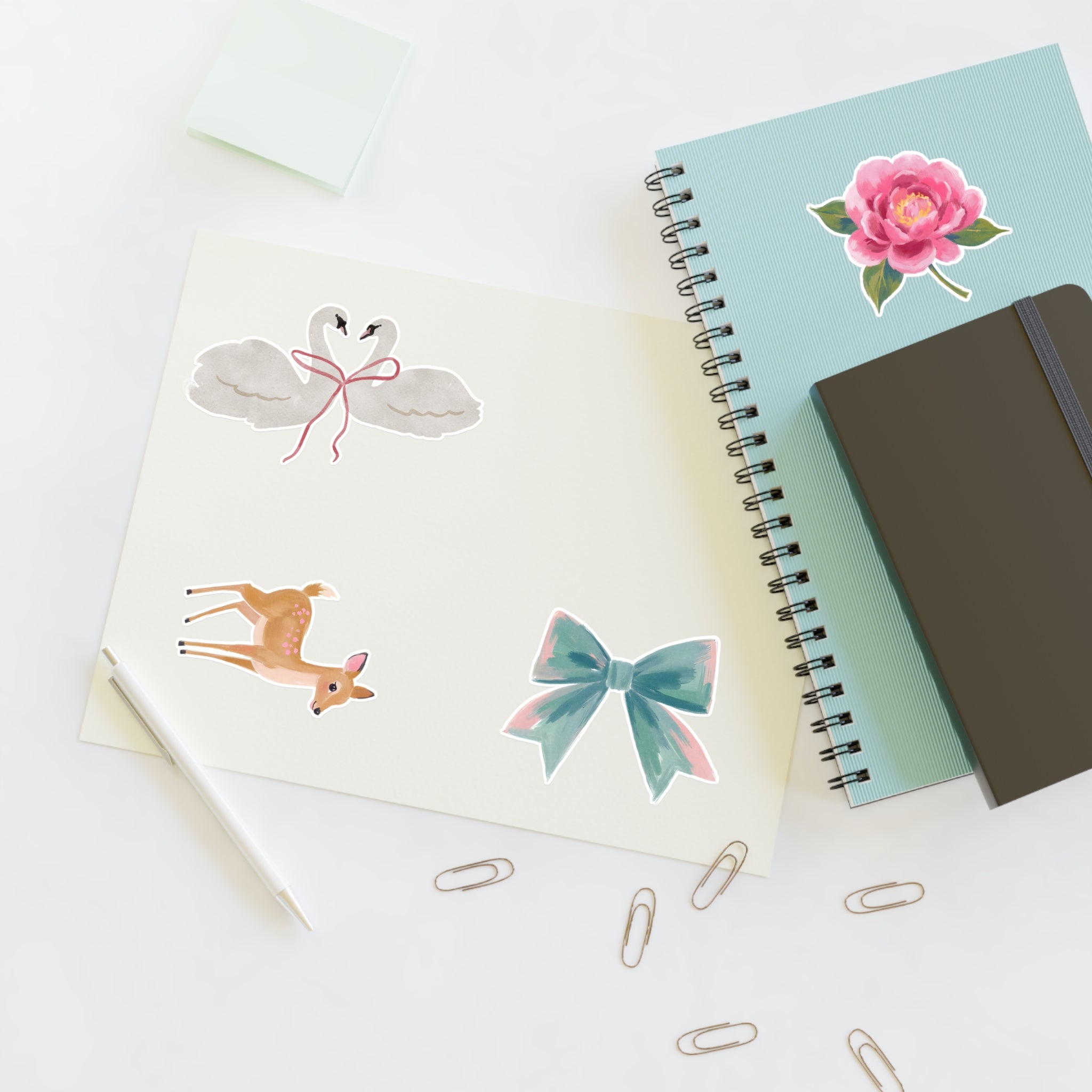 Sticker Sheets — Watercolor Deer, Peony, Swan Hearts & Pastel Bow Set