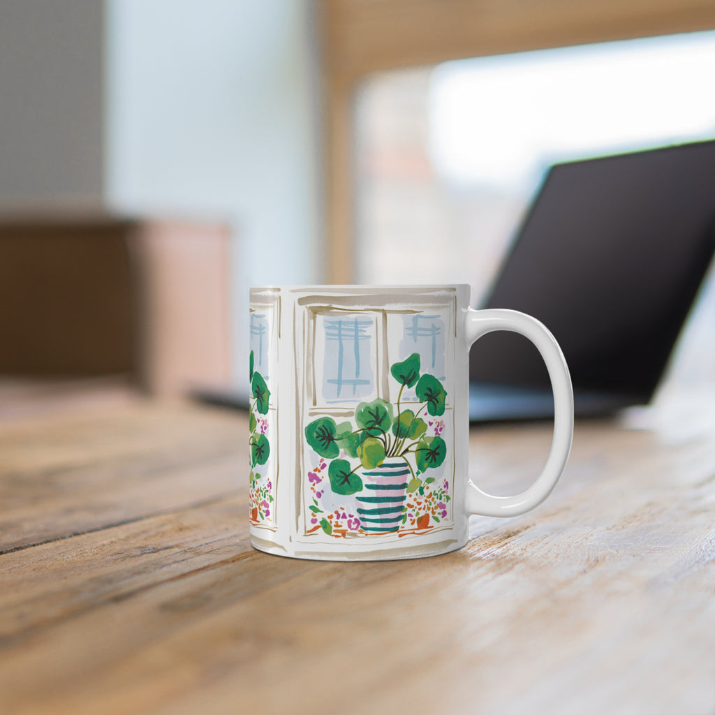 Botanical Window Coffee Mug — Potted Plant Illustration Ceramic Cup (11oz & 15oz)
