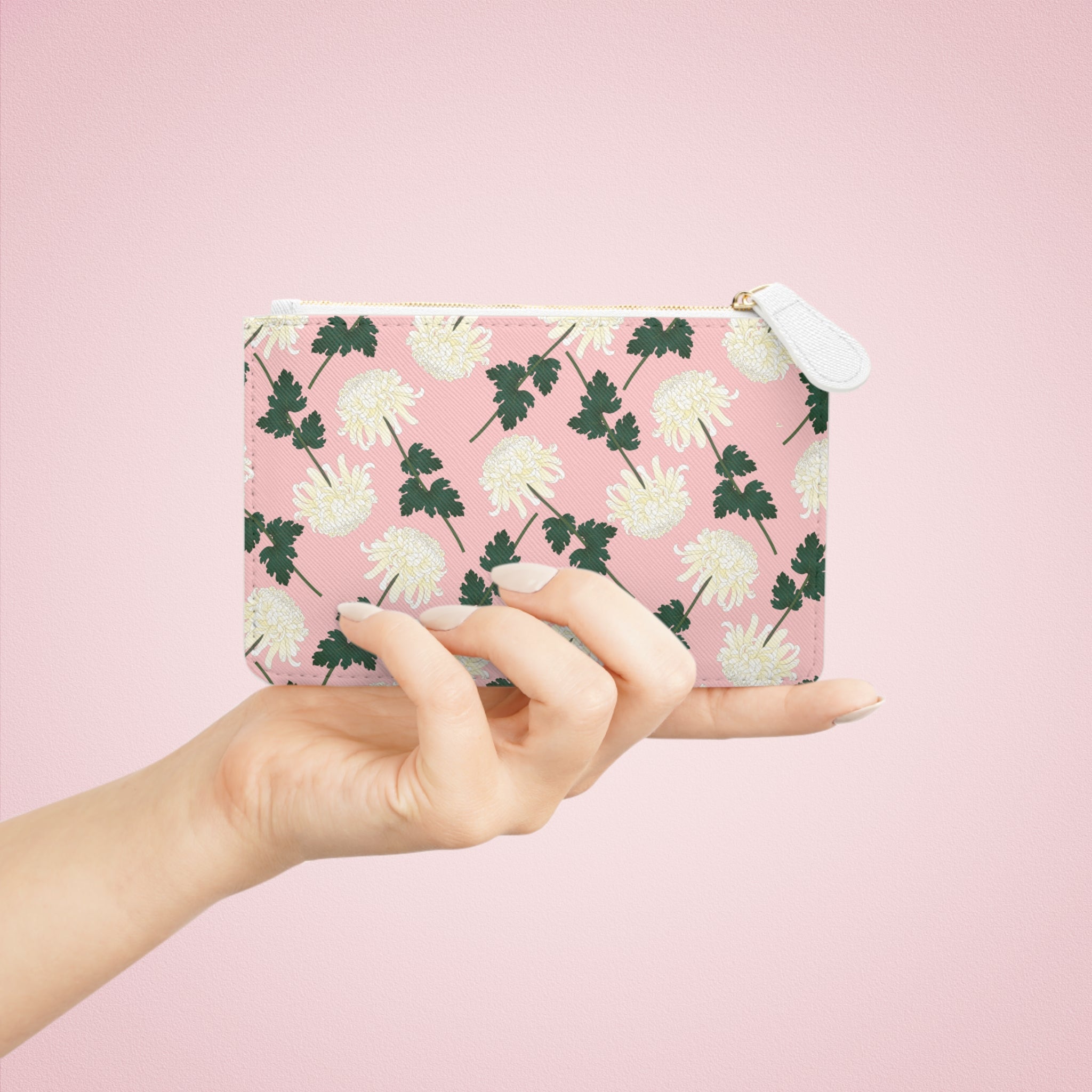 Pink Floral Mini Clutch Bag — White Chrysanthemum Pattern Coin Purse