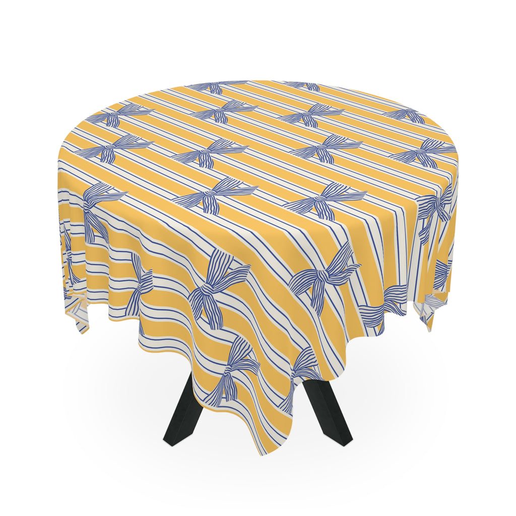 Striped Yellow Tablecloth with Blue Bow Pattern