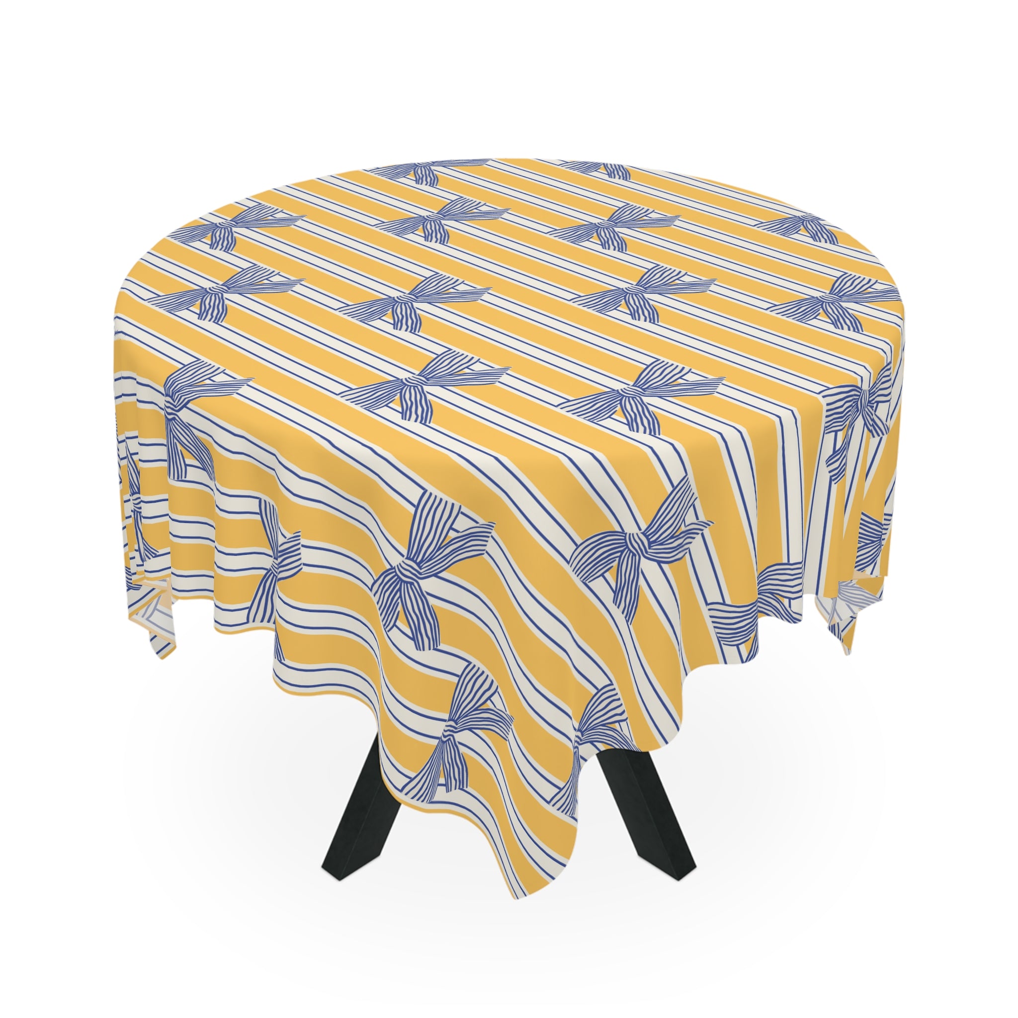 Striped Yellow Tablecloth with Blue Bow Pattern