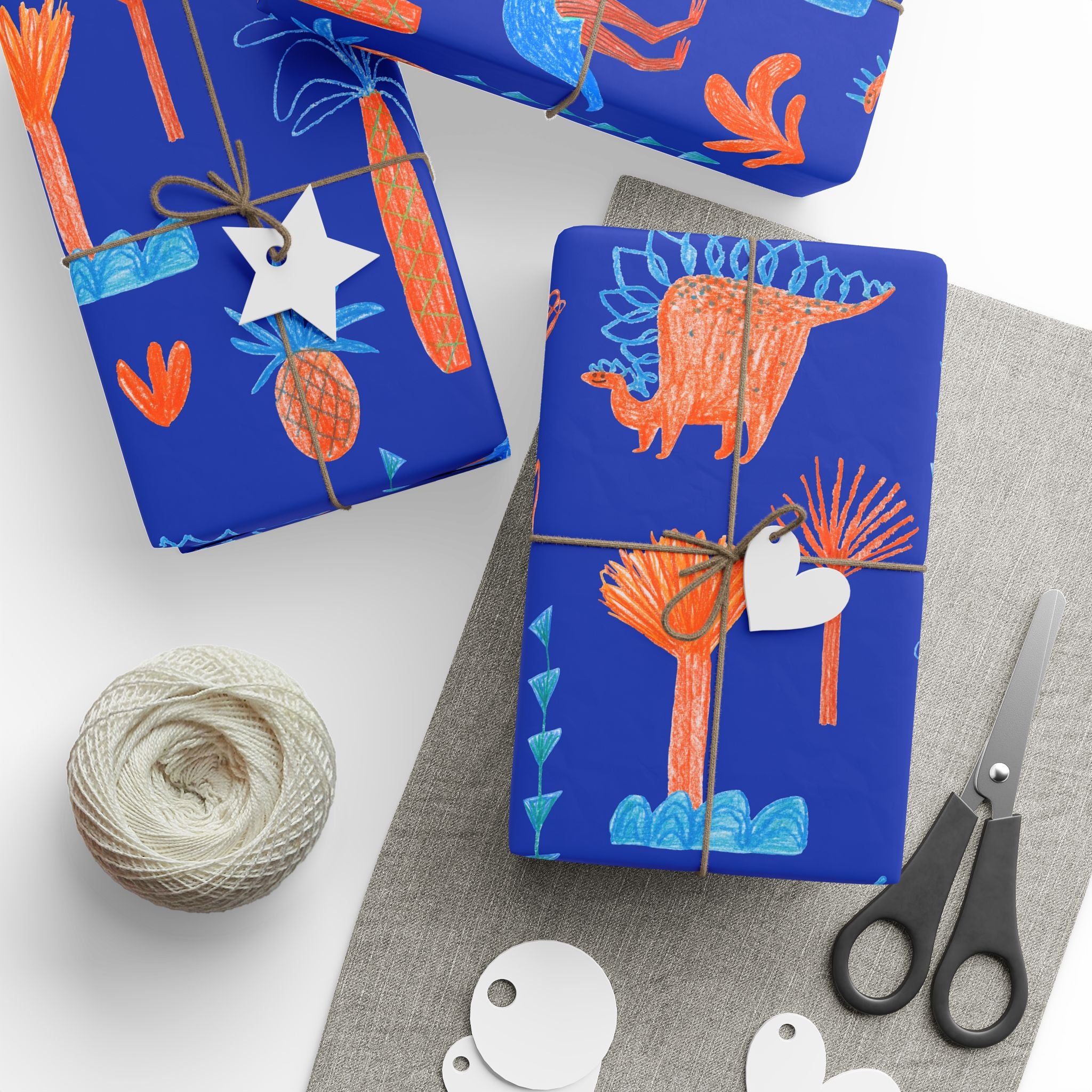 Dino Jungle Wrapping Paper — Blue & Orange Dinosaur Gift Wrap