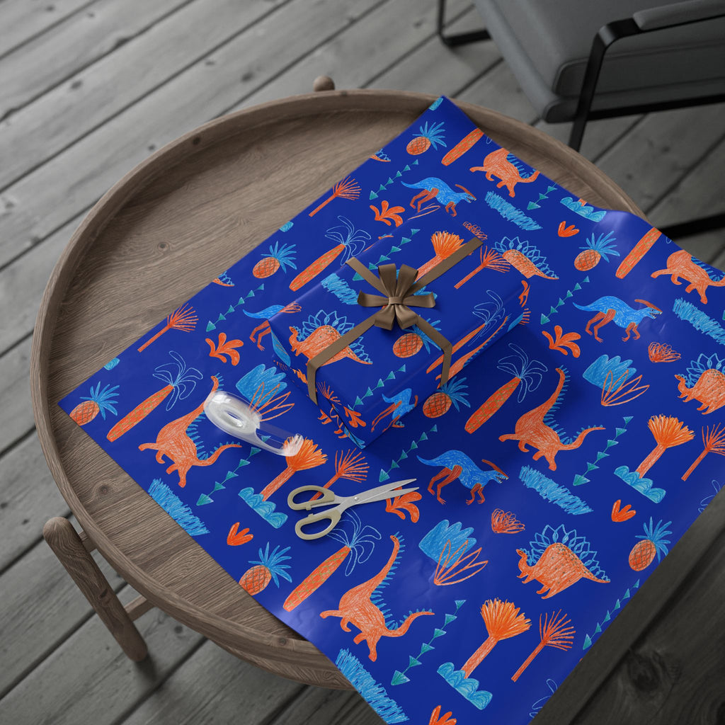 Dino Jungle Wrapping Paper — Blue & Orange Dinosaur Gift Wrap