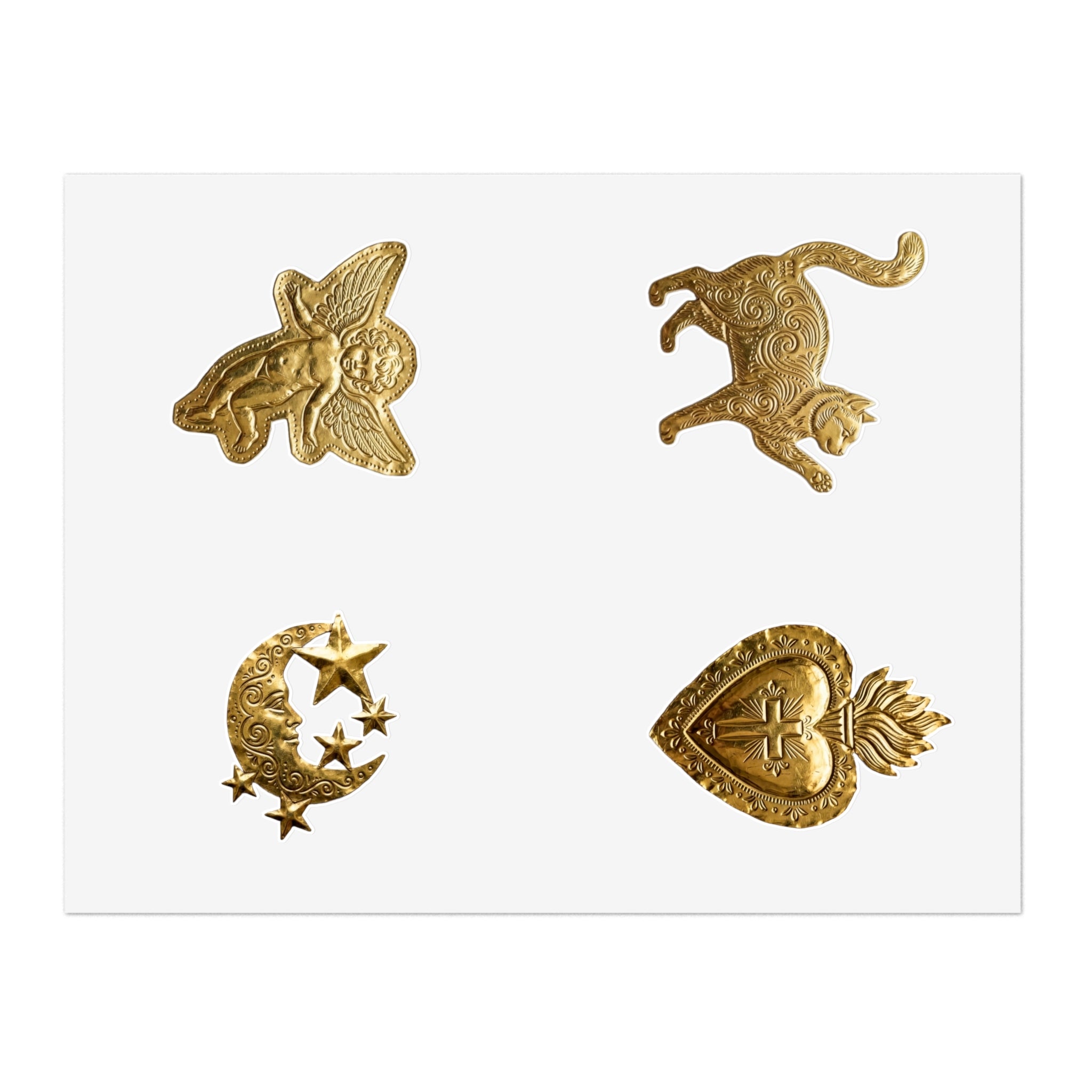 Gold Embossed Symbol Sticker Sheet — Moon, Heart, Angel & Cat Decorative Stickers