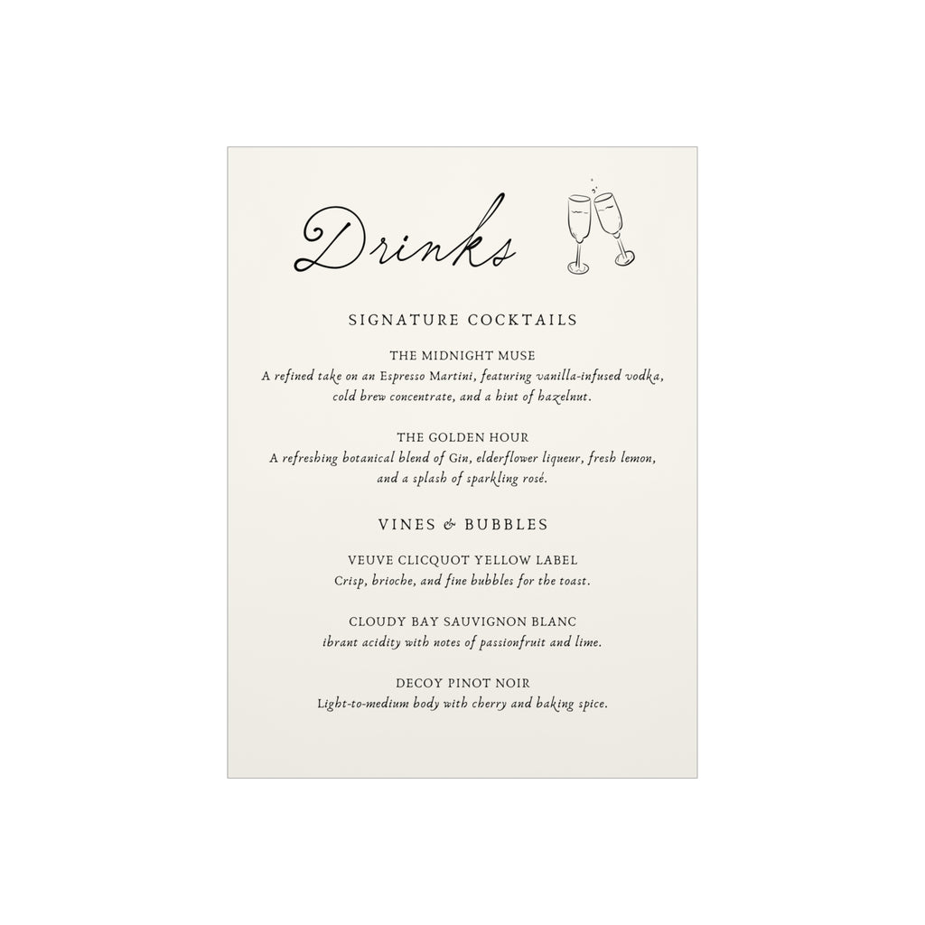 Drinks Menu Foam Board — Elegant Signature Cocktails Sign