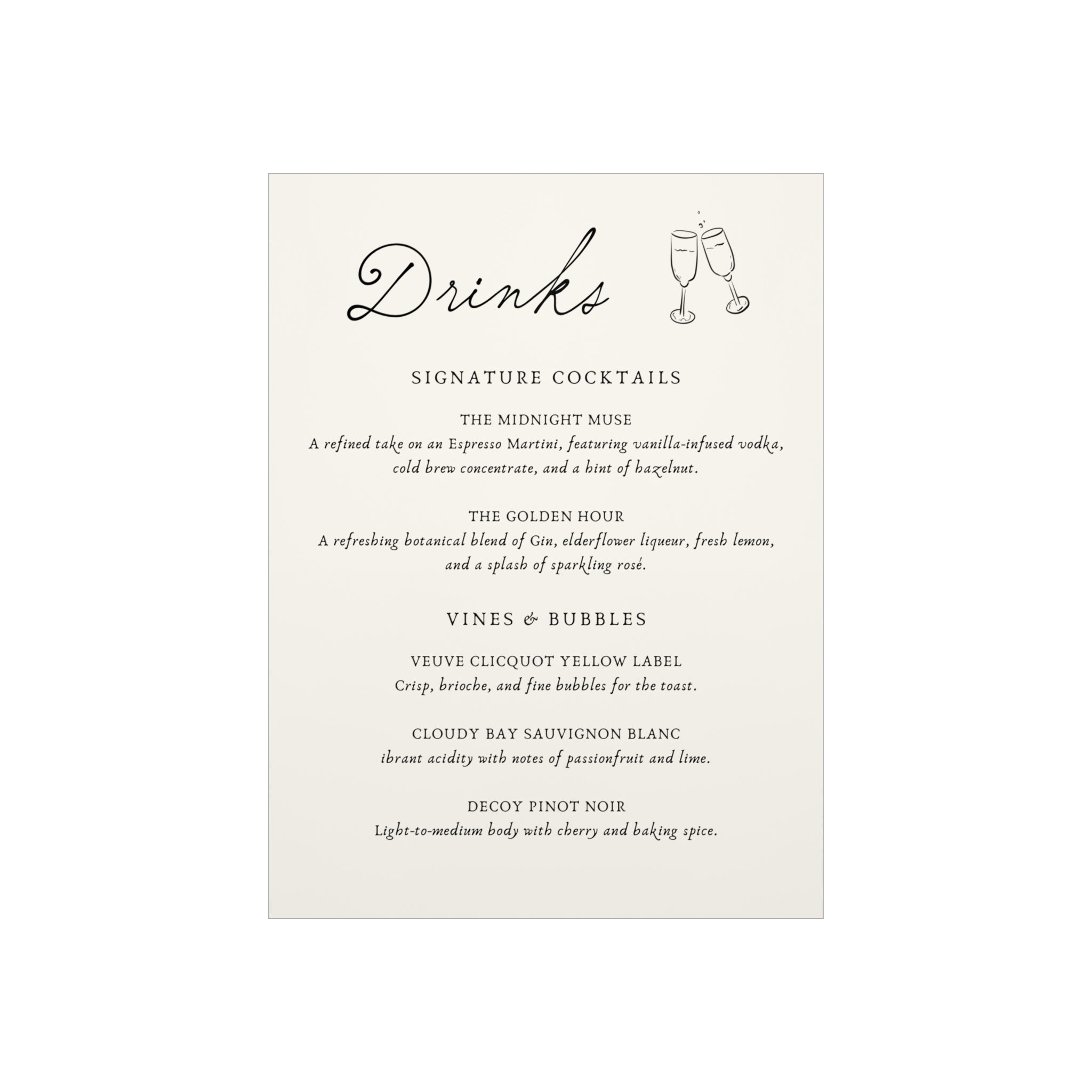 Drinks Menu Foam Board — Elegant Signature Cocktails Sign