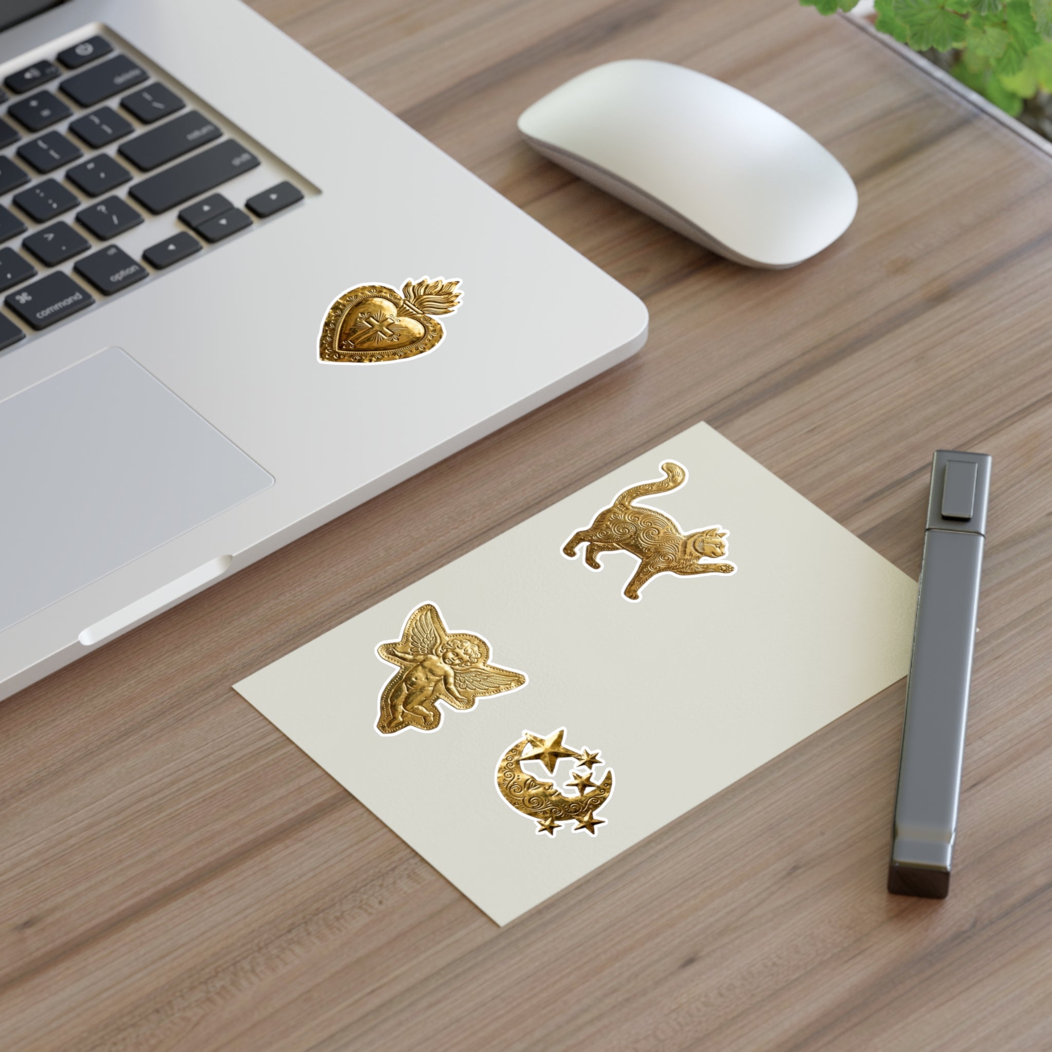 Gold Embossed Symbol Sticker Sheet — Moon, Heart, Angel & Cat Decorative Stickers