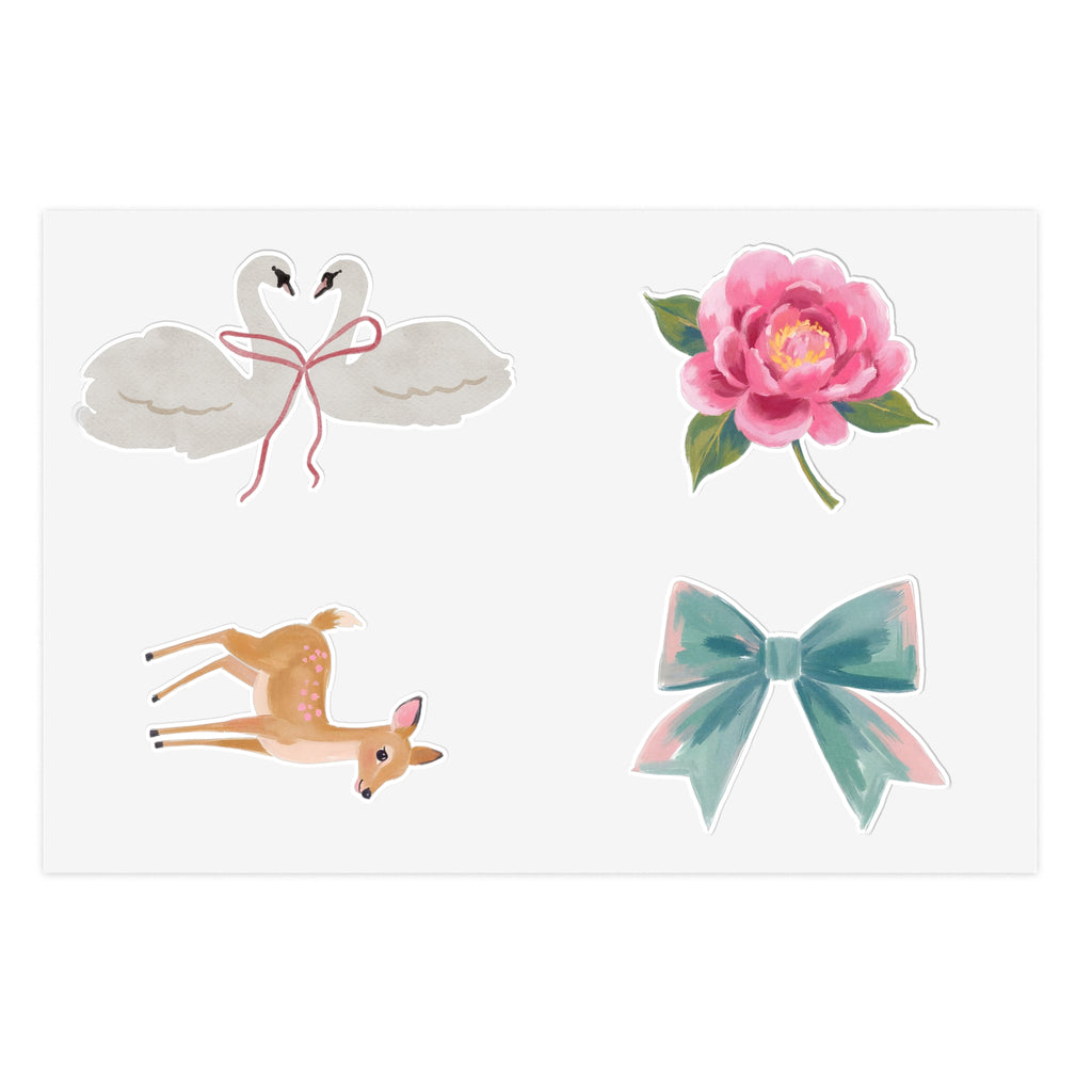 Sticker Sheets — Watercolor Deer, Peony, Swan Hearts & Pastel Bow Set
