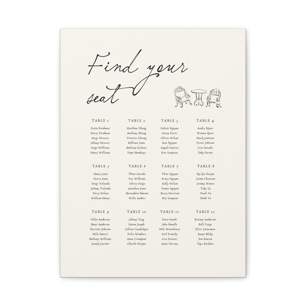 Personalized Wedding Seating Chart Canvas | Custom Guest Table Plan | Framed New Zealand Pine | Elegant Minimalist Reception Decor