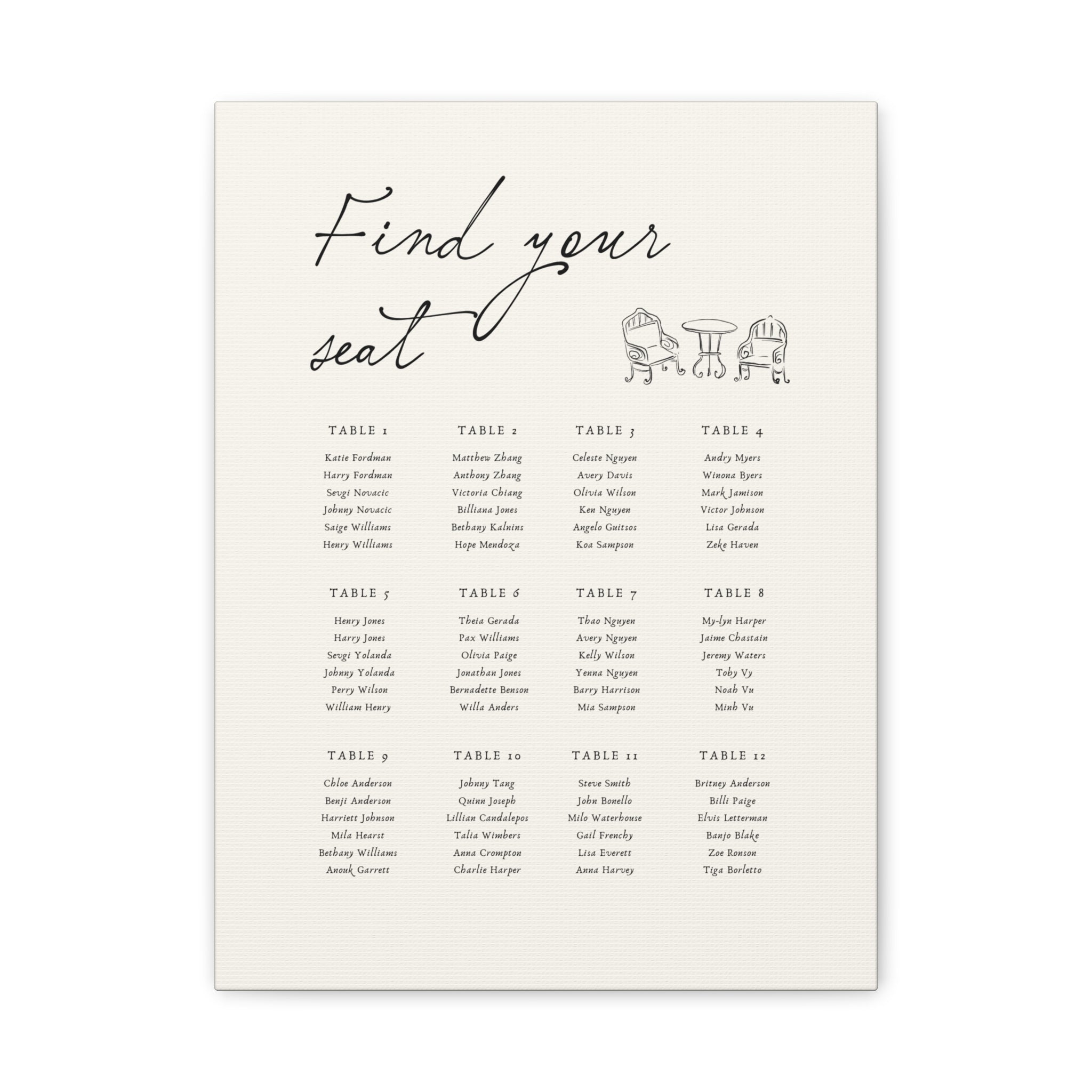 Personalized Wedding Seating Chart Canvas | Custom Guest Table Plan | Framed New Zealand Pine | Elegant Minimalist Reception Decor