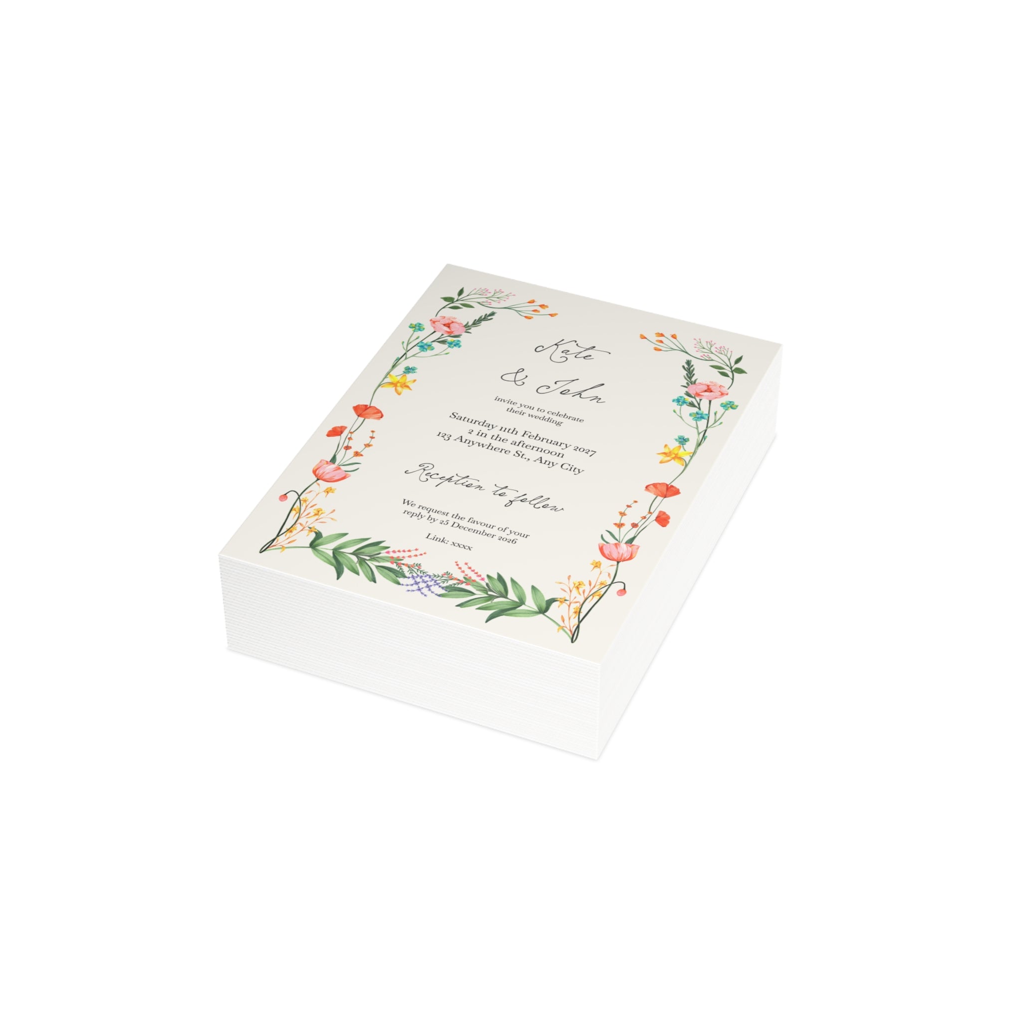Colorful Botanical Wedding Invitation | Customizable Flat Card Pack (10, 30, 50 Count)