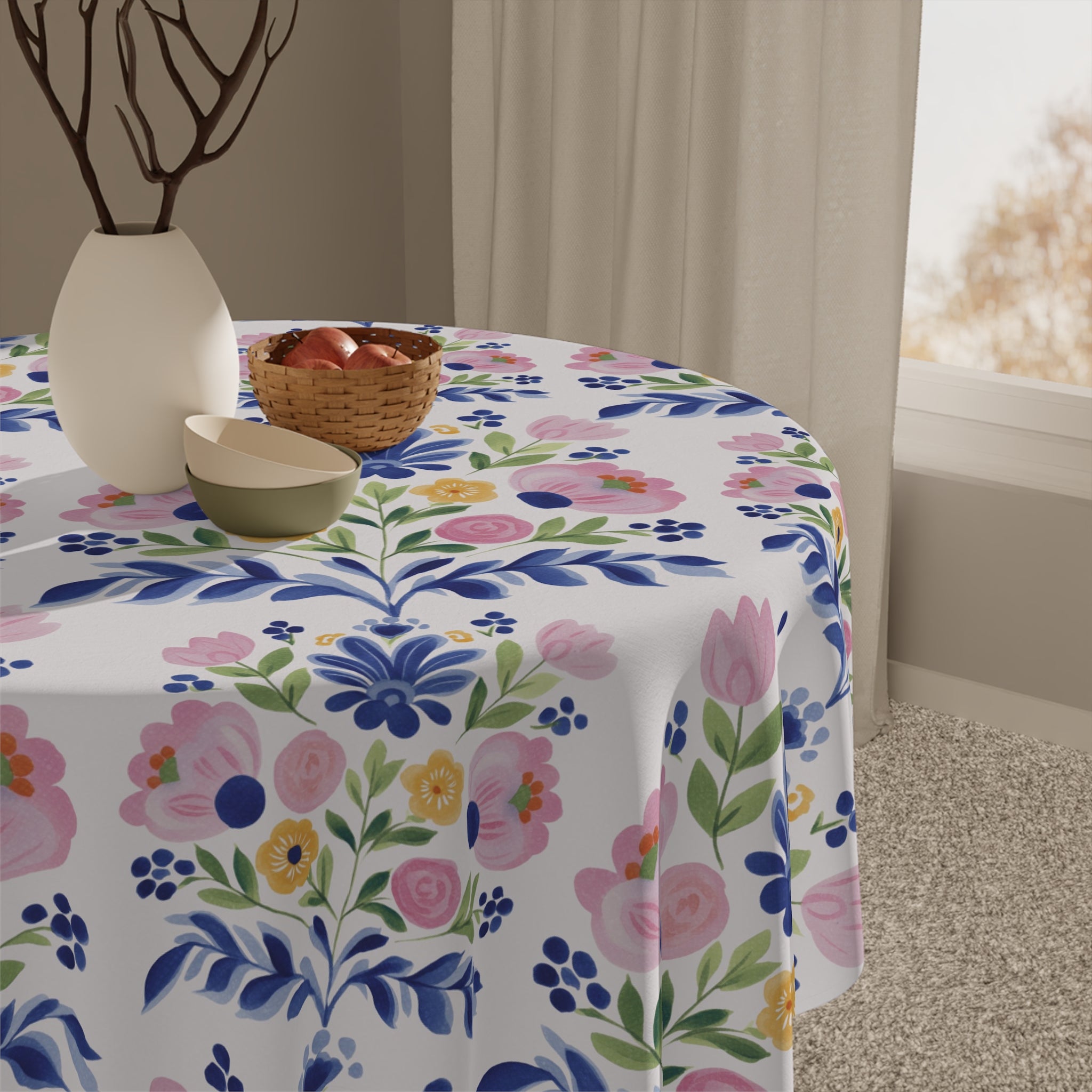 Floral Folk Art Tablecloth — Pink & Blue Garden Pattern