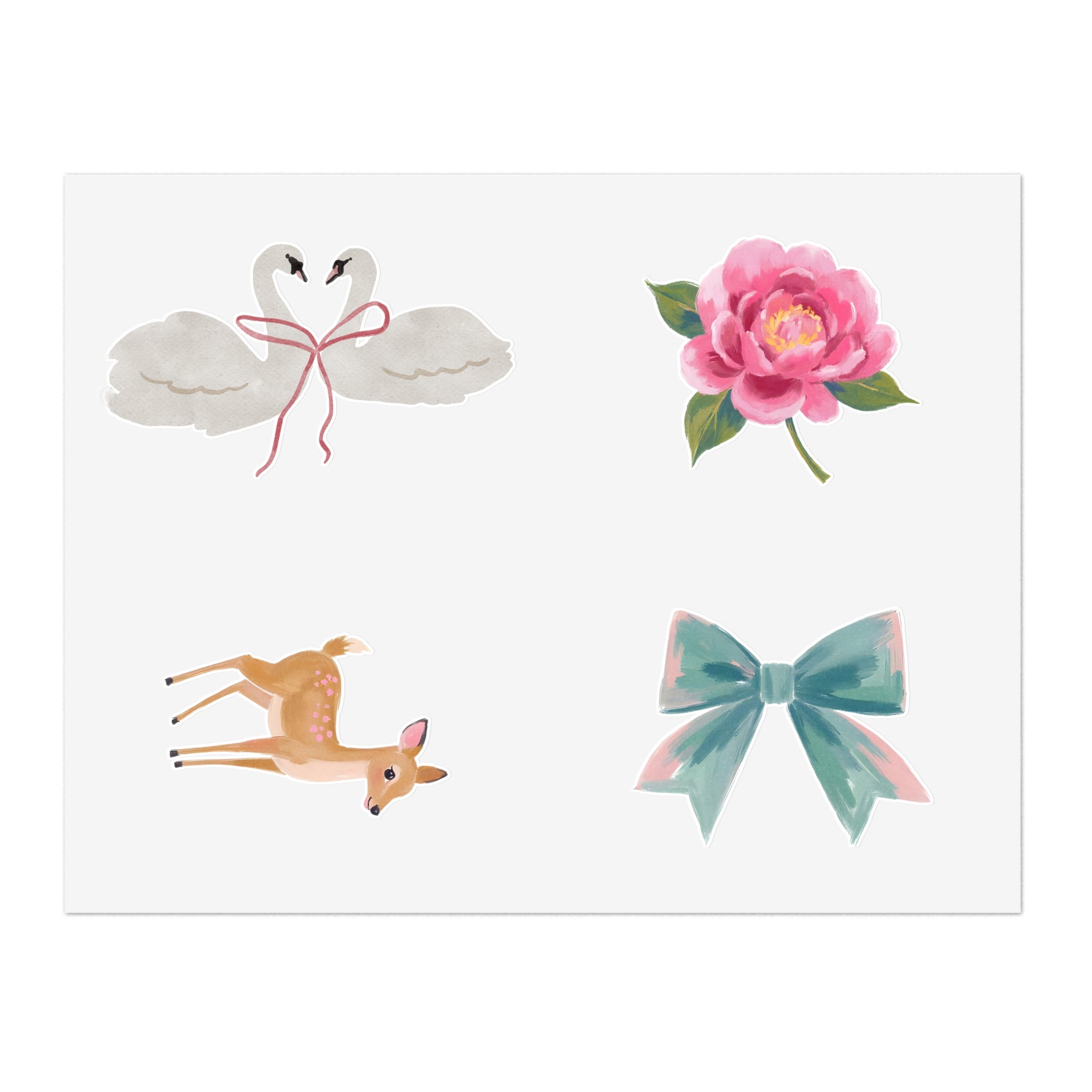 Sticker Sheets — Watercolor Deer, Peony, Swan Hearts & Pastel Bow Set