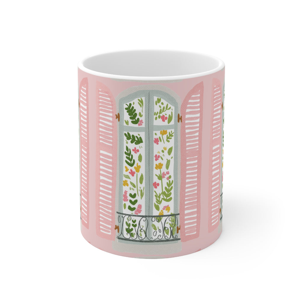 Pink Parisian Window Floral Mug — 11oz & 15oz Ceramic Coffee Cup