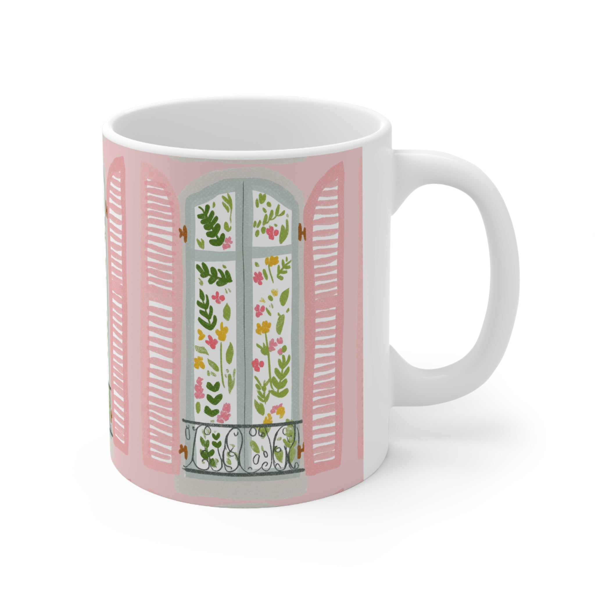 Pink Parisian Window Floral Mug — 11oz & 15oz Ceramic Coffee Cup