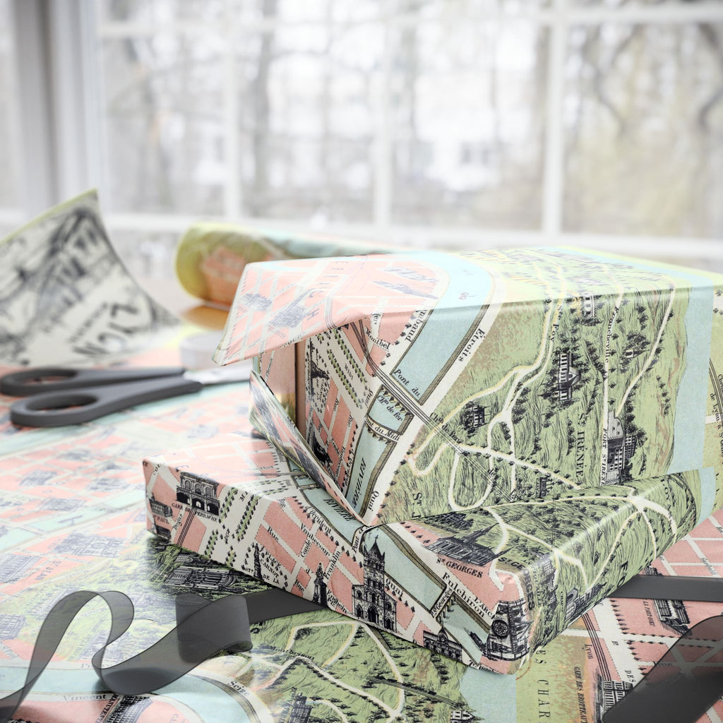 Wrapping Paper, Lyon City Map Gift Wrap, Vintage French Cartography Design